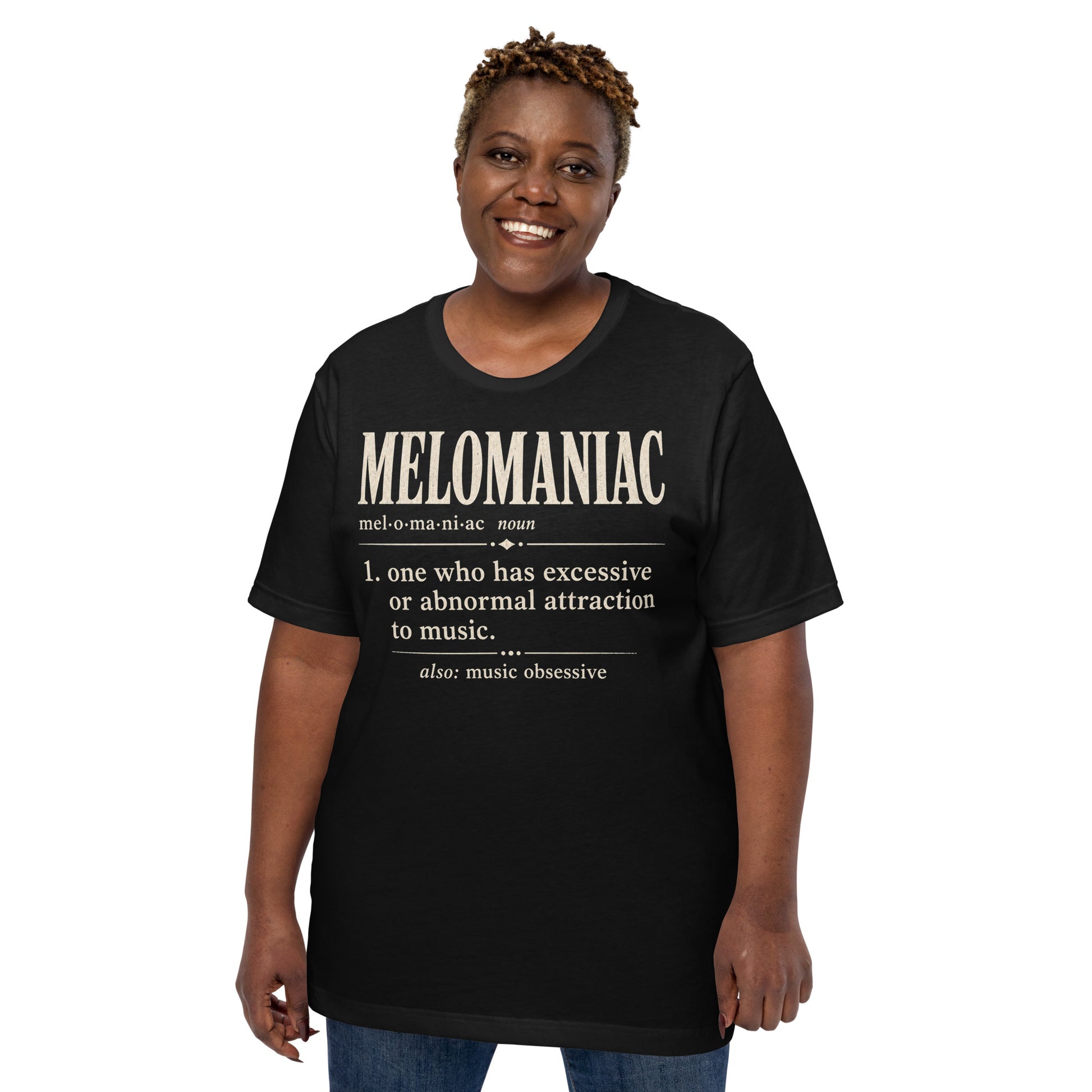 Model wearing black Melomaniac music lover t-shirt with vintage dictionary definition graphic