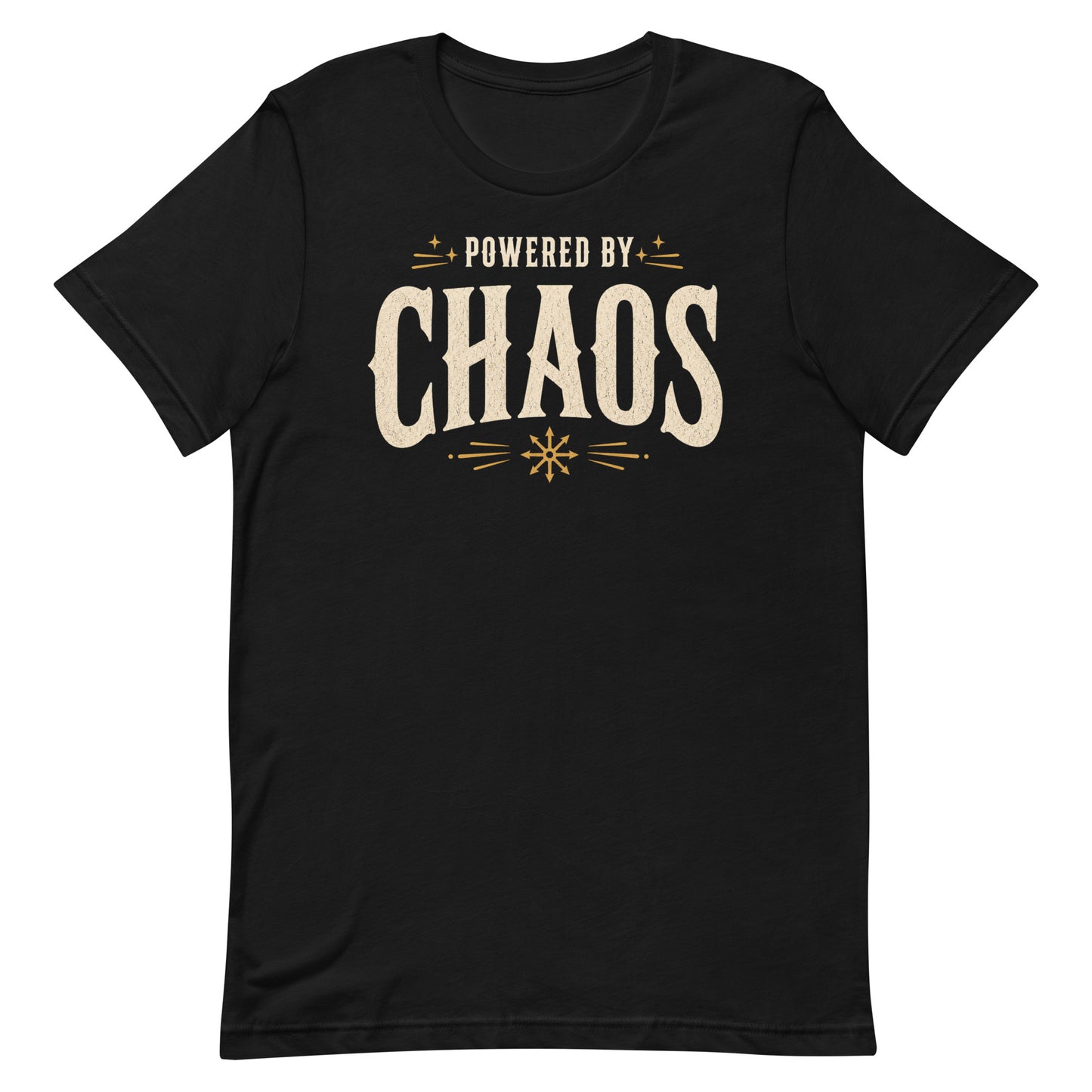 Powered by Chaos t-shirt on black Bella Canvas tee with vintage cream typography and occult symbol accents