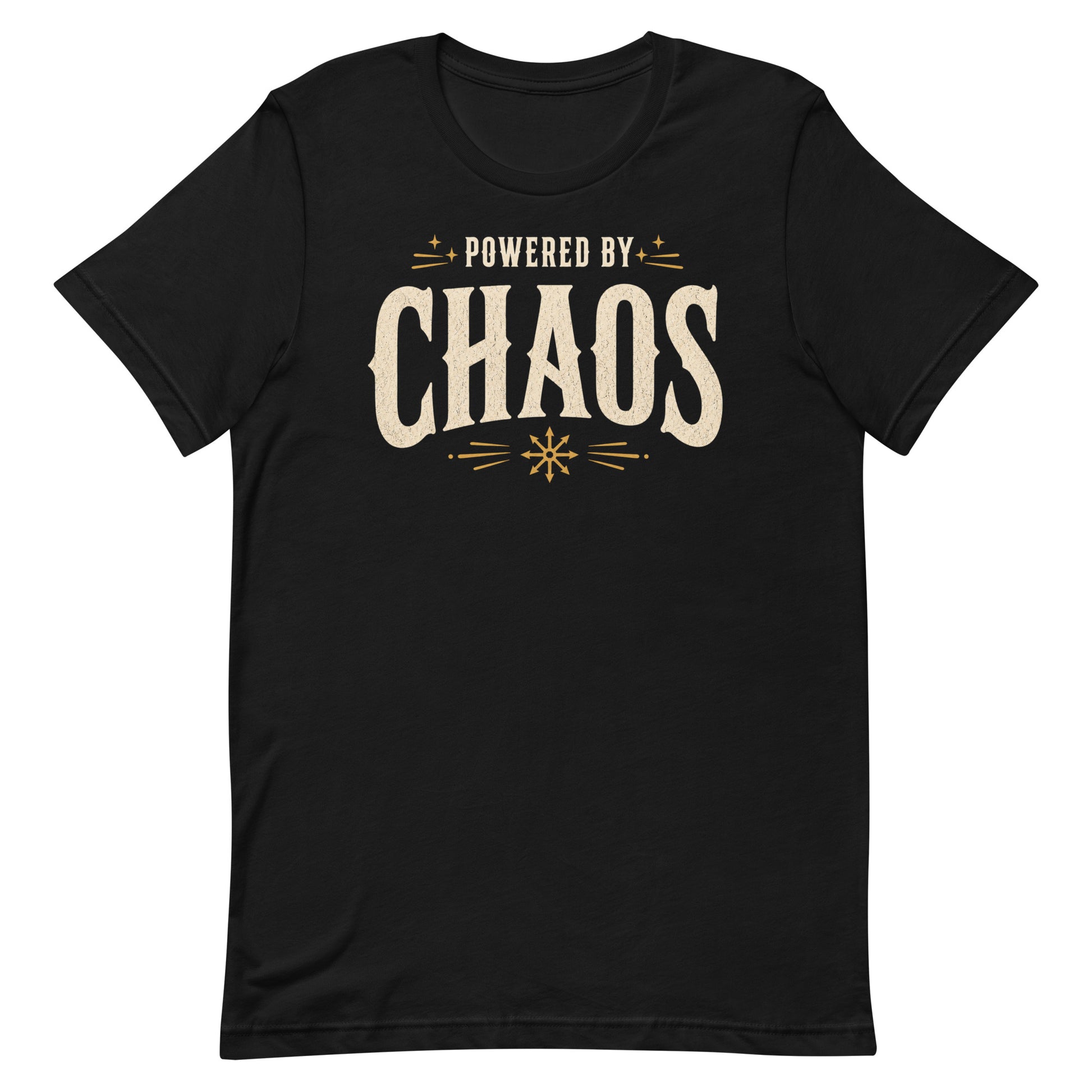 Powered by Chaos t-shirt on black Bella Canvas tee with vintage cream typography and occult symbol accents