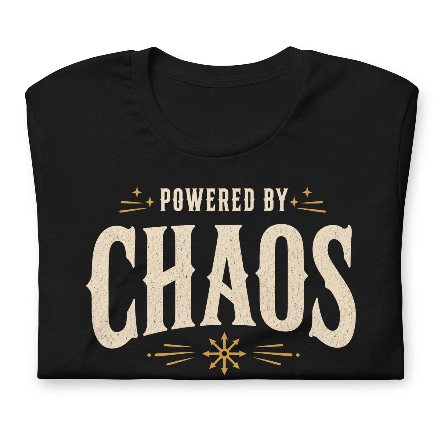 Powered by Chaos t-shirt on black Bella Canvas tee with vintage cream typography and occult symbol accents