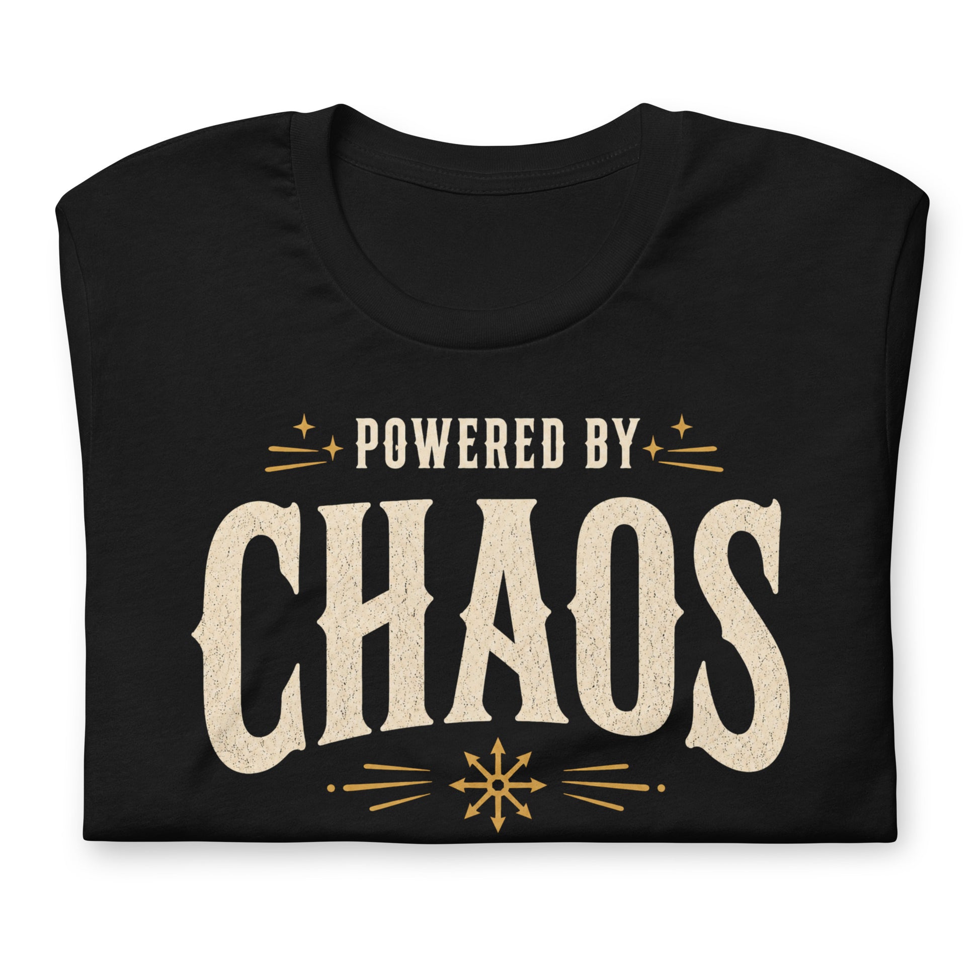 Powered by Chaos t-shirt on black Bella Canvas tee with vintage cream typography and occult symbol accents