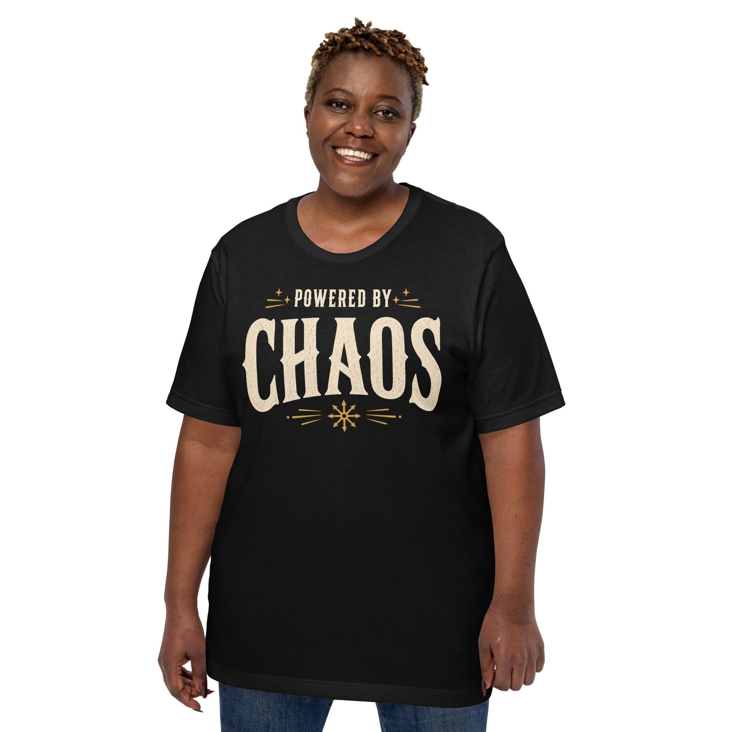 Model wearing black Powered by Chaos t-shirt with vintage typography and chaos magick aesthetic