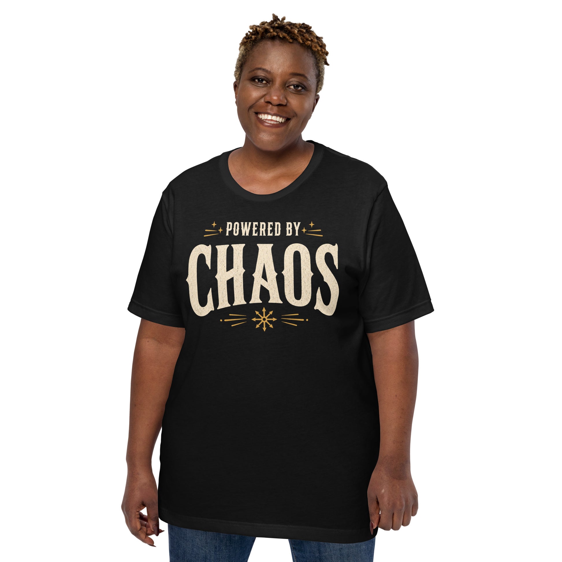 Model wearing black Powered by Chaos t-shirt with vintage typography and chaos magick aesthetic
