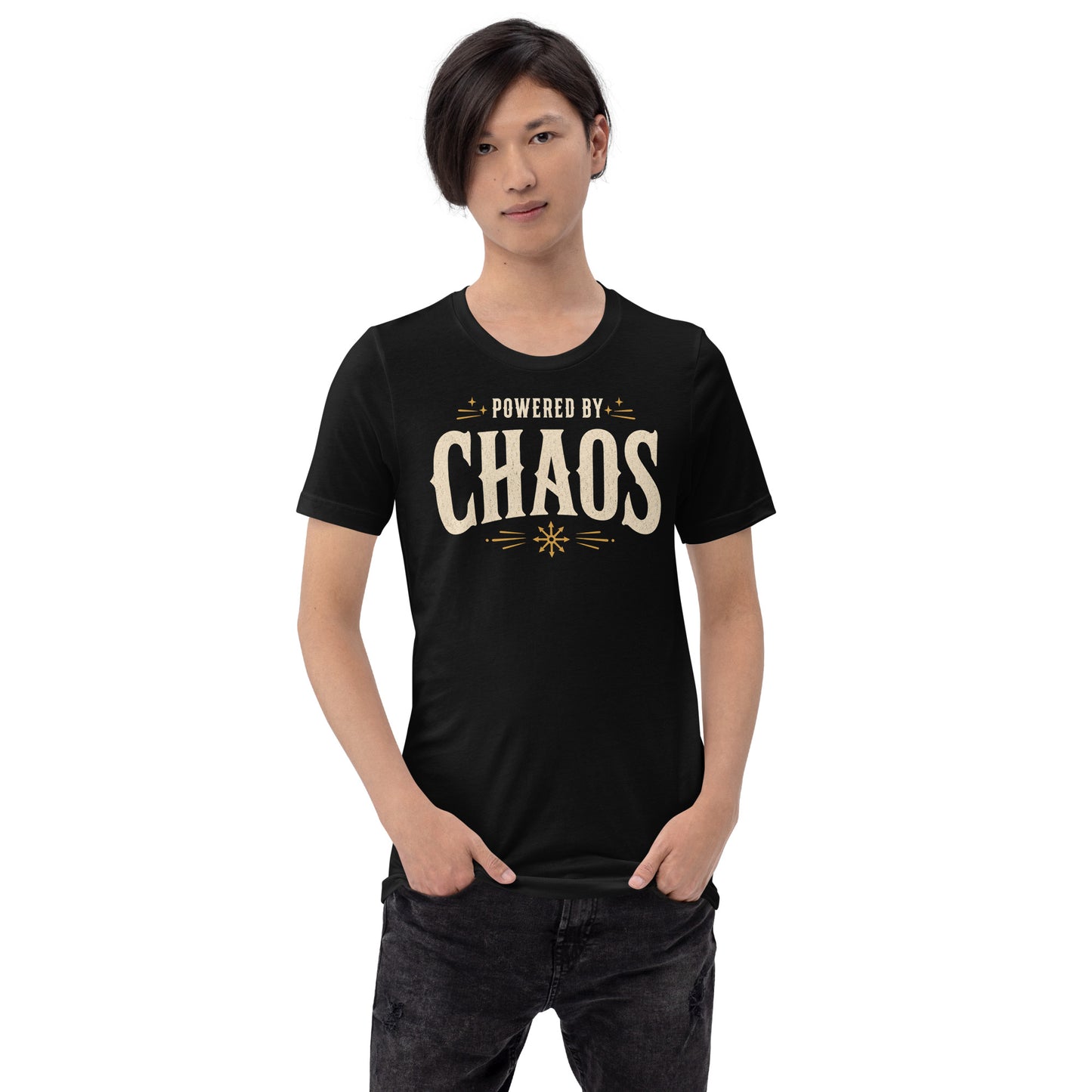 Model wearing black Powered by Chaos t-shirt with vintage typography and chaos magick aesthetic