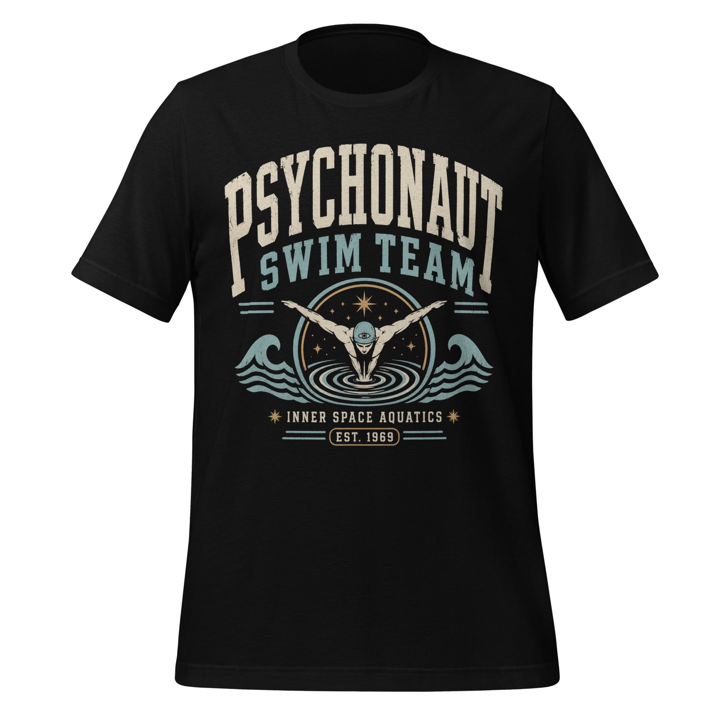 Psychonaut Swim Team t-shirt on black Bella Canvas tee with retro swimmer graphic, waves, and inner space aquatics text