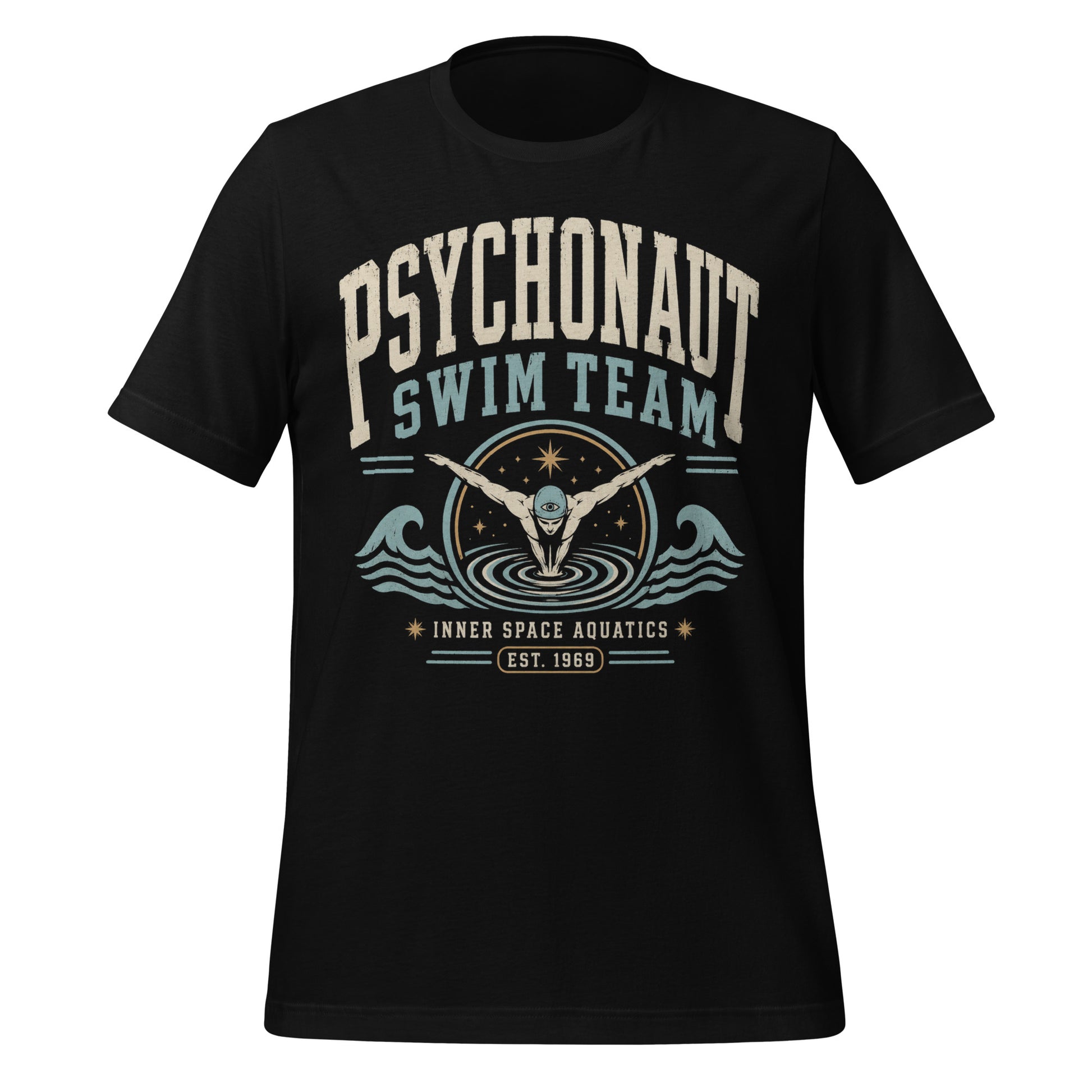 Psychonaut Swim Team t-shirt on black Bella Canvas tee with retro swimmer graphic, waves, and inner space aquatics text
