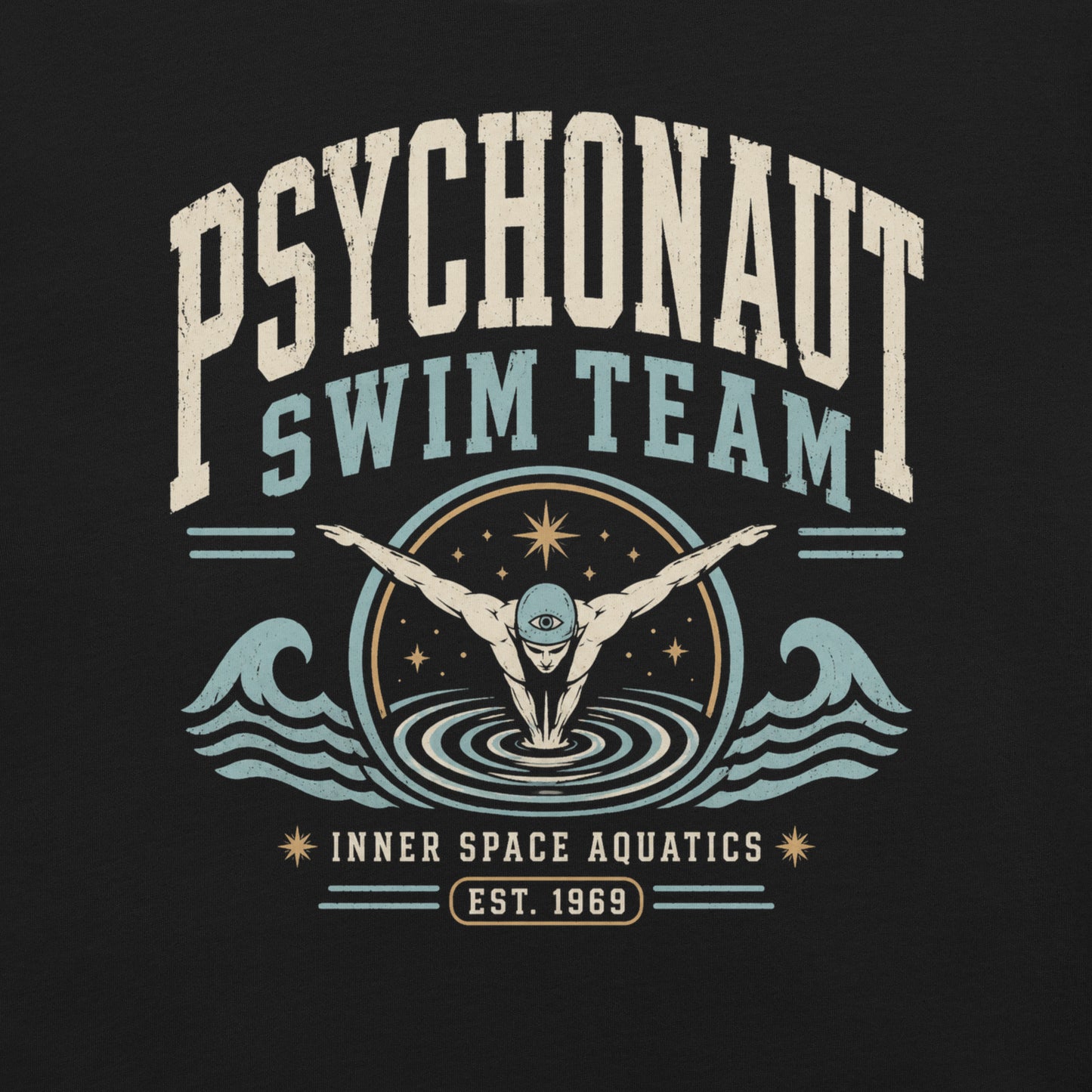 Psychonaut Swim Team t-shirt on black Bella Canvas tee with retro swimmer graphic, waves, and inner space aquatics text