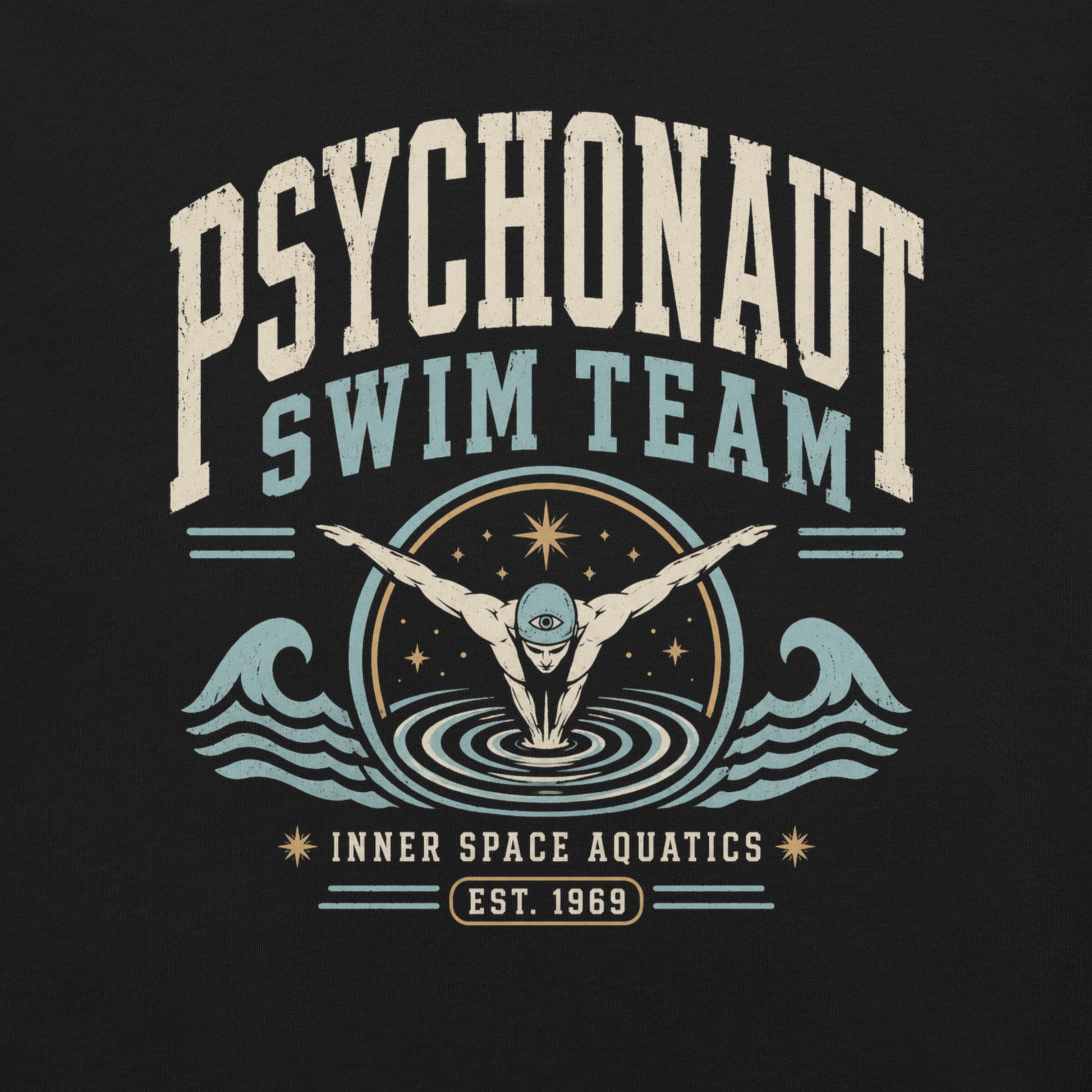 Psychonaut Swim Team t-shirt on black Bella Canvas tee with retro swimmer graphic, waves, and inner space aquatics text