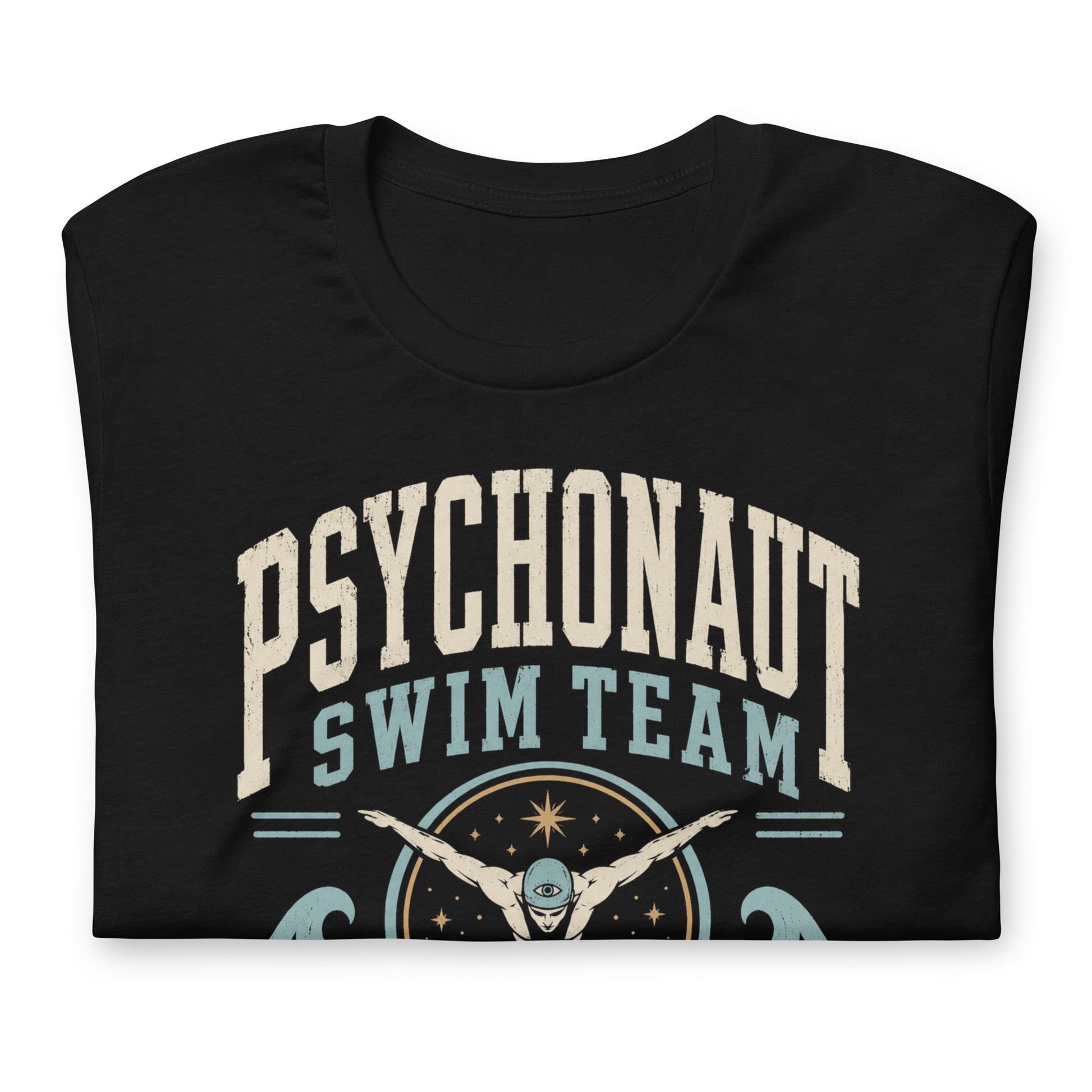 Psychonaut Swim Team t-shirt on black Bella Canvas tee with retro swimmer graphic, waves, and inner space aquatics text