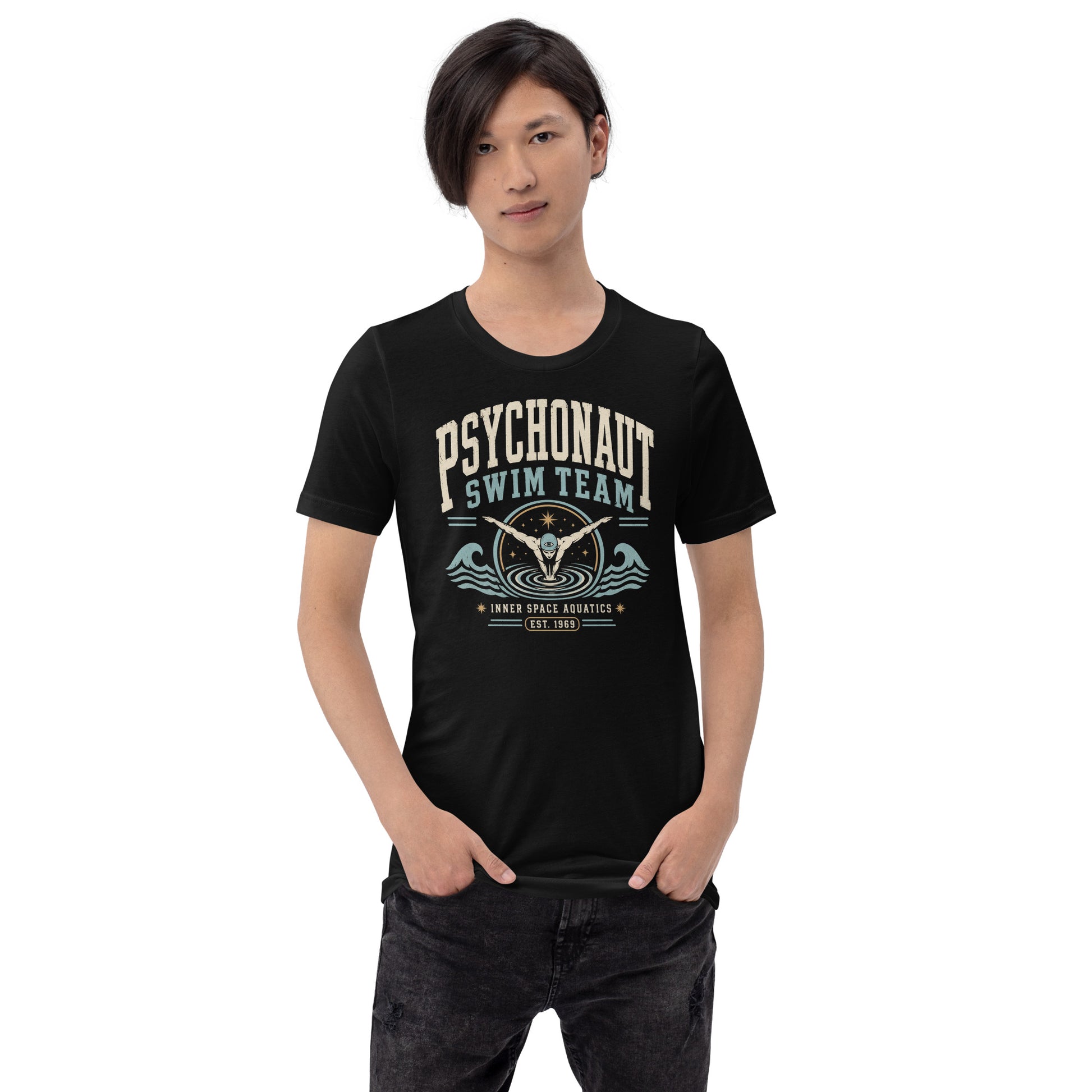 Man wearing black Psychonaut Swim Team t-shirt with retro psychedelic swim club artwork by Cinderpoint Studios