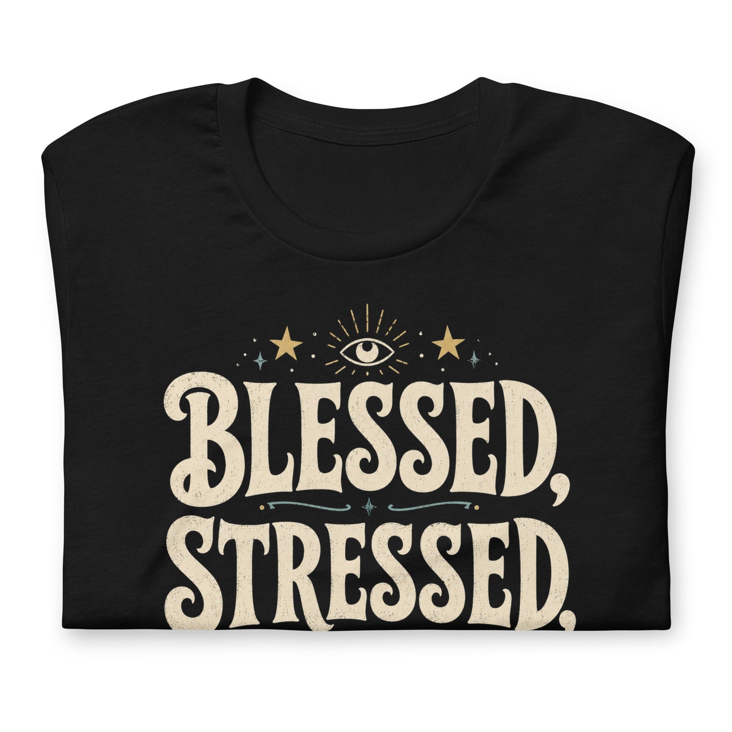 Close-up of Blessed Stressed and Occult Obsessed occult typography shirt with eye, stars, moon, and flame details