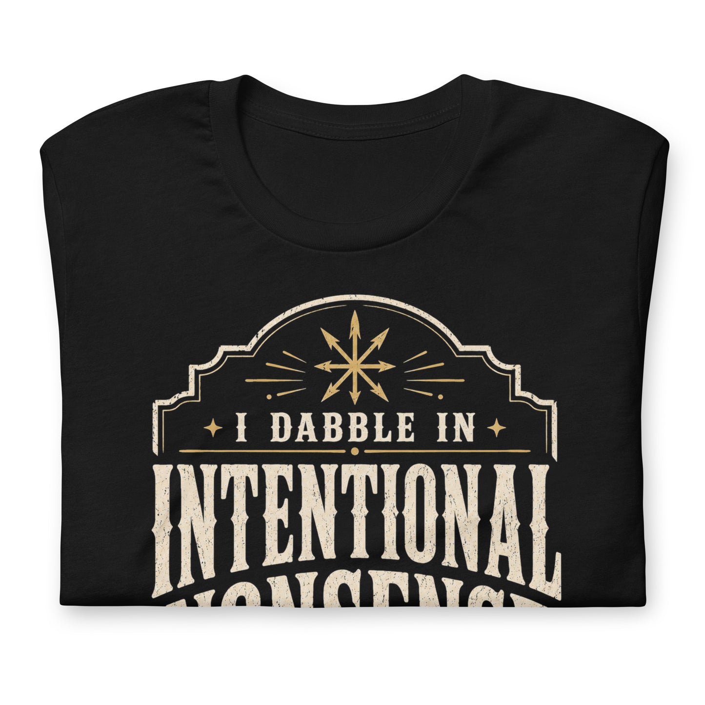 Close-up of Intentional Nonsense occult typography shirt with chaos symbol and vintage inspired framing