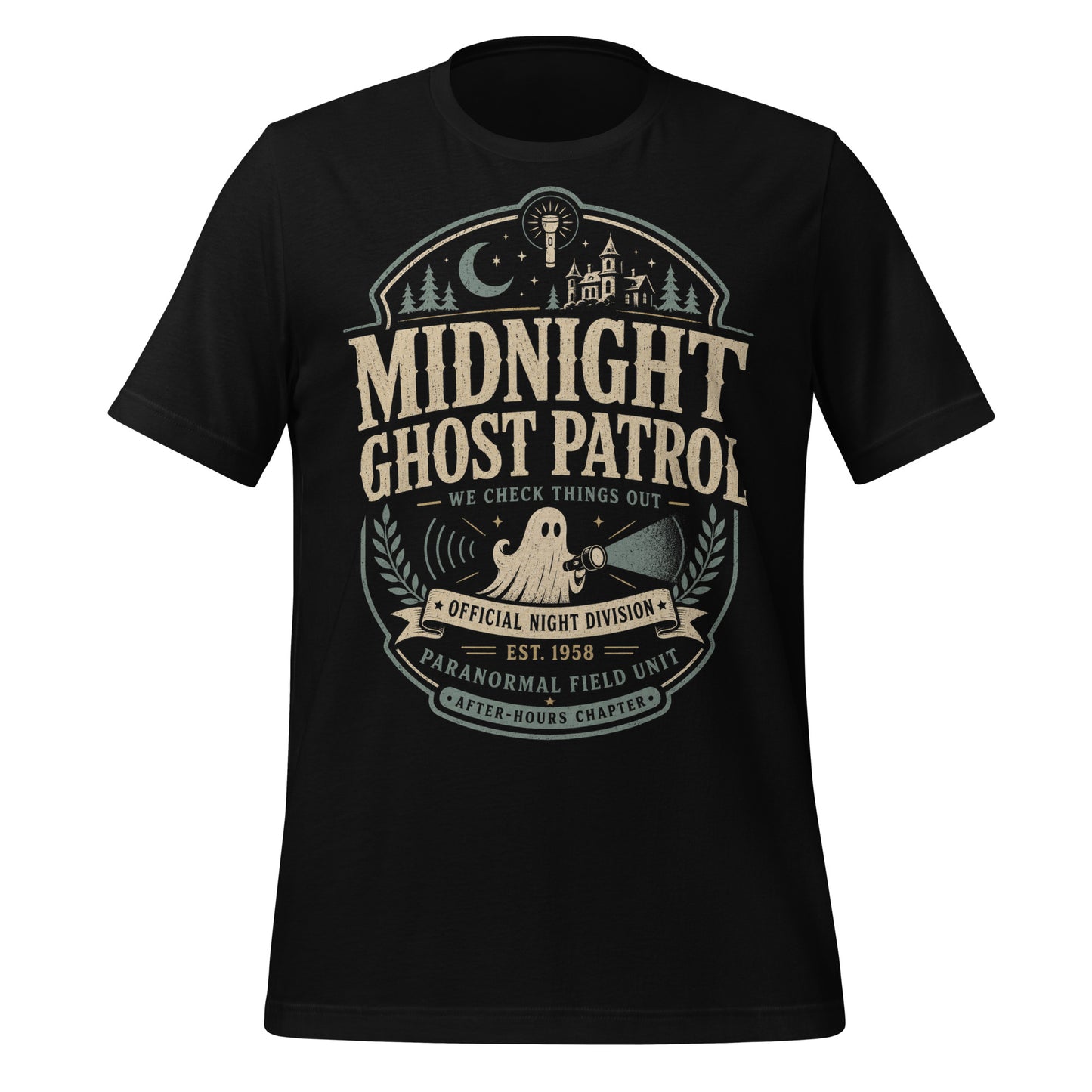 Midnight Ghost Patrol t-shirt design with vintage badge layout, flashlight ghost, haunted house, moon, and paranormal field unit text