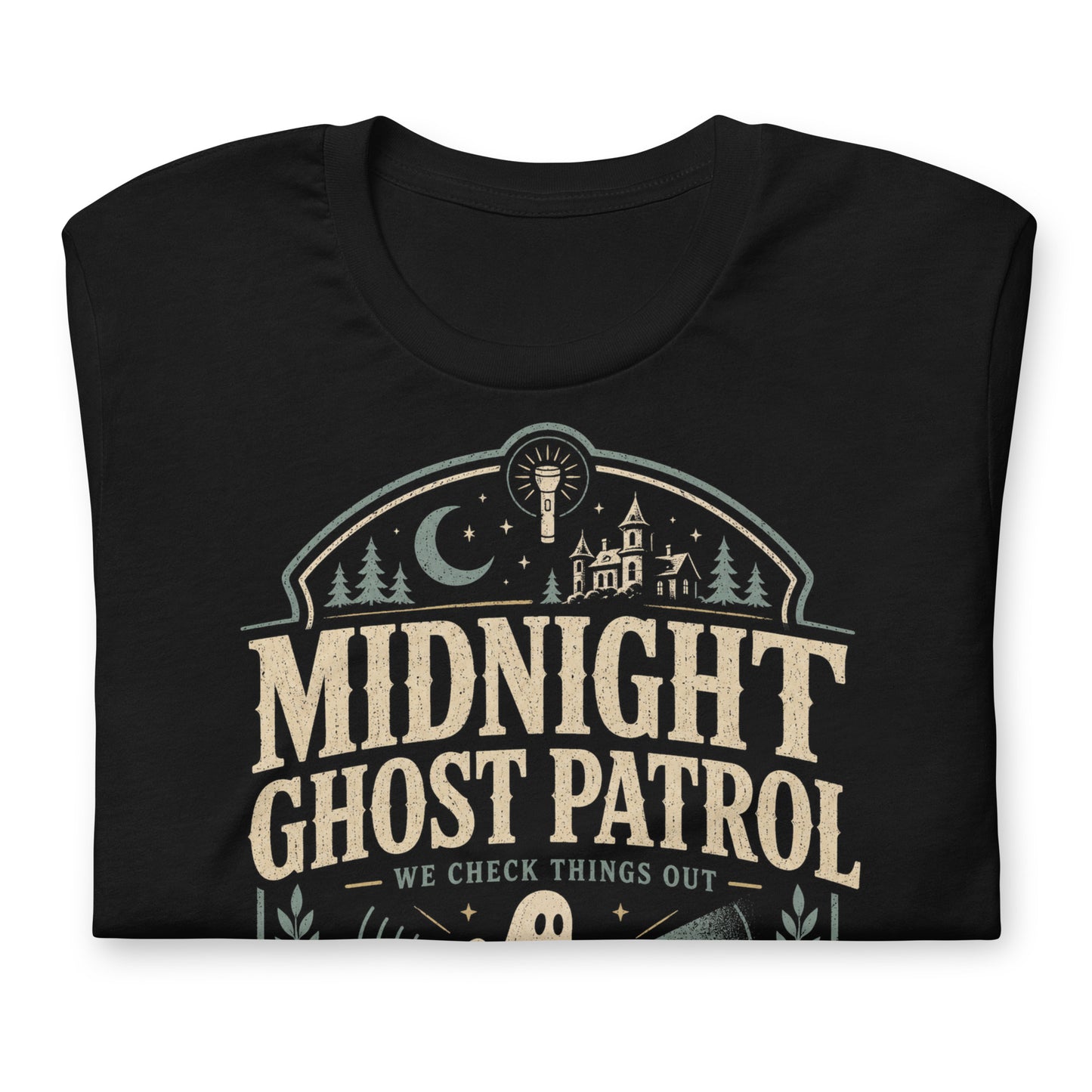 Midnight Ghost Patrol t-shirt design with vintage badge layout, flashlight ghost, haunted house, moon, and paranormal field unit text