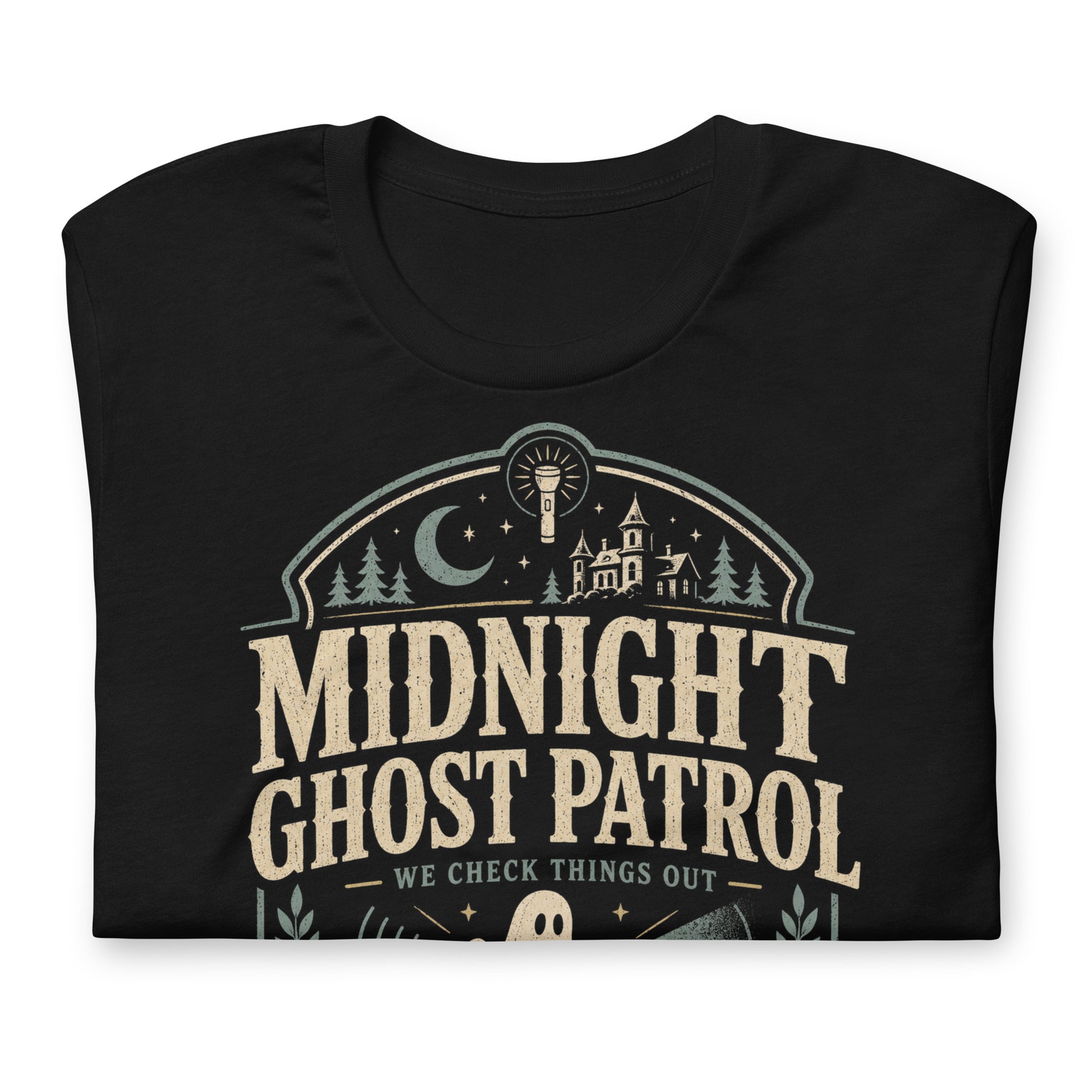 Midnight Ghost Patrol t-shirt design with vintage badge layout, flashlight ghost, haunted house, moon, and paranormal field unit text
