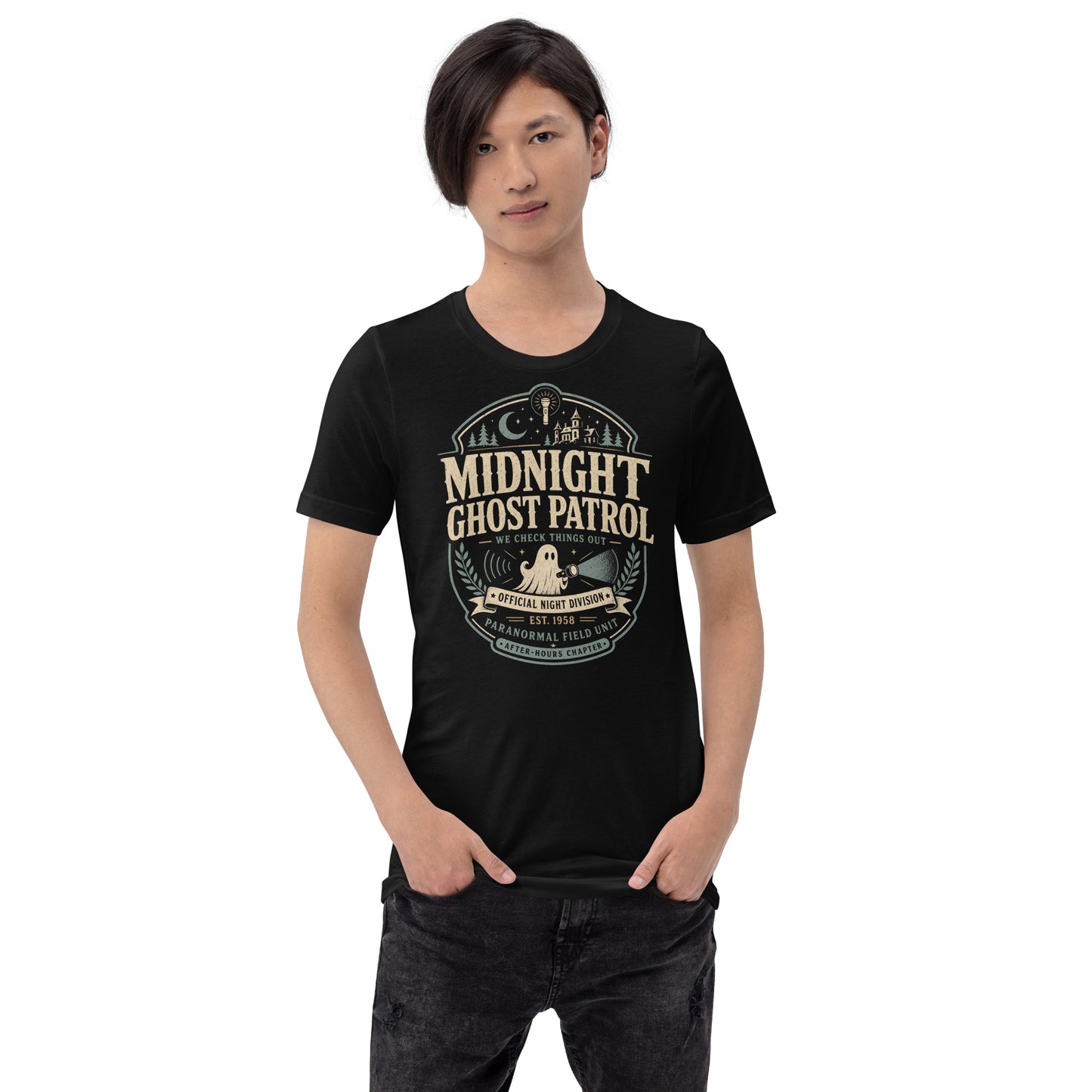 Midnight Ghost Patrol t-shirt design with vintage badge layout, flashlight ghost, haunted house, moon, and paranormal field unit text