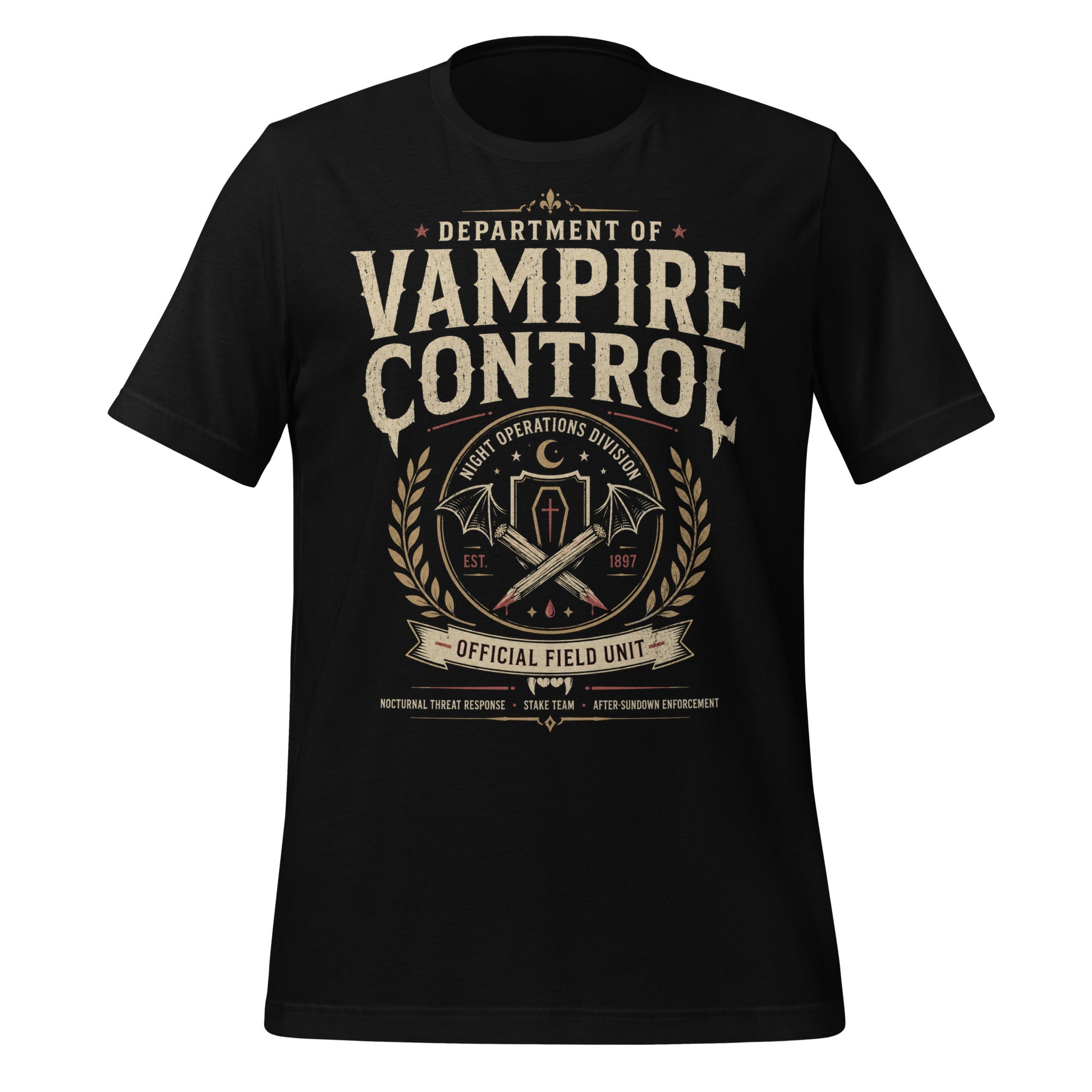 Retro vampire hunter t-shirt featuring crossed wooden stakes, bat wings, coffin symbol, fangs, and night operations division details