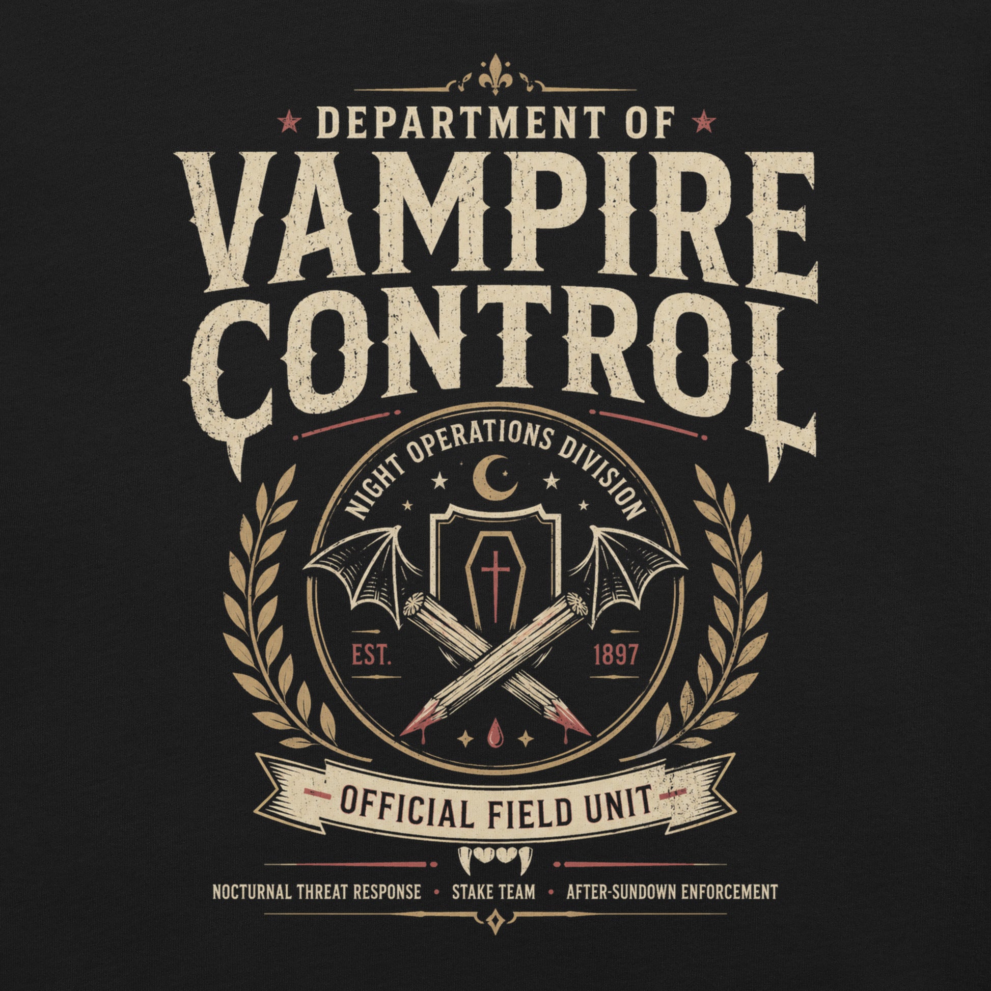 Close-up of Department of Vampire Control t-shirt design with official field unit banner, vampire fangs, and nocturnal threat response text