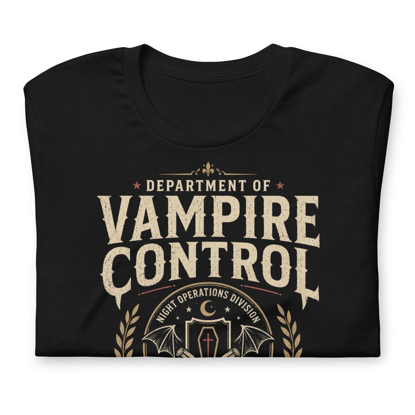 Close-up of Department of Vampire Control t-shirt design with official field unit banner, vampire fangs, and nocturnal threat response text