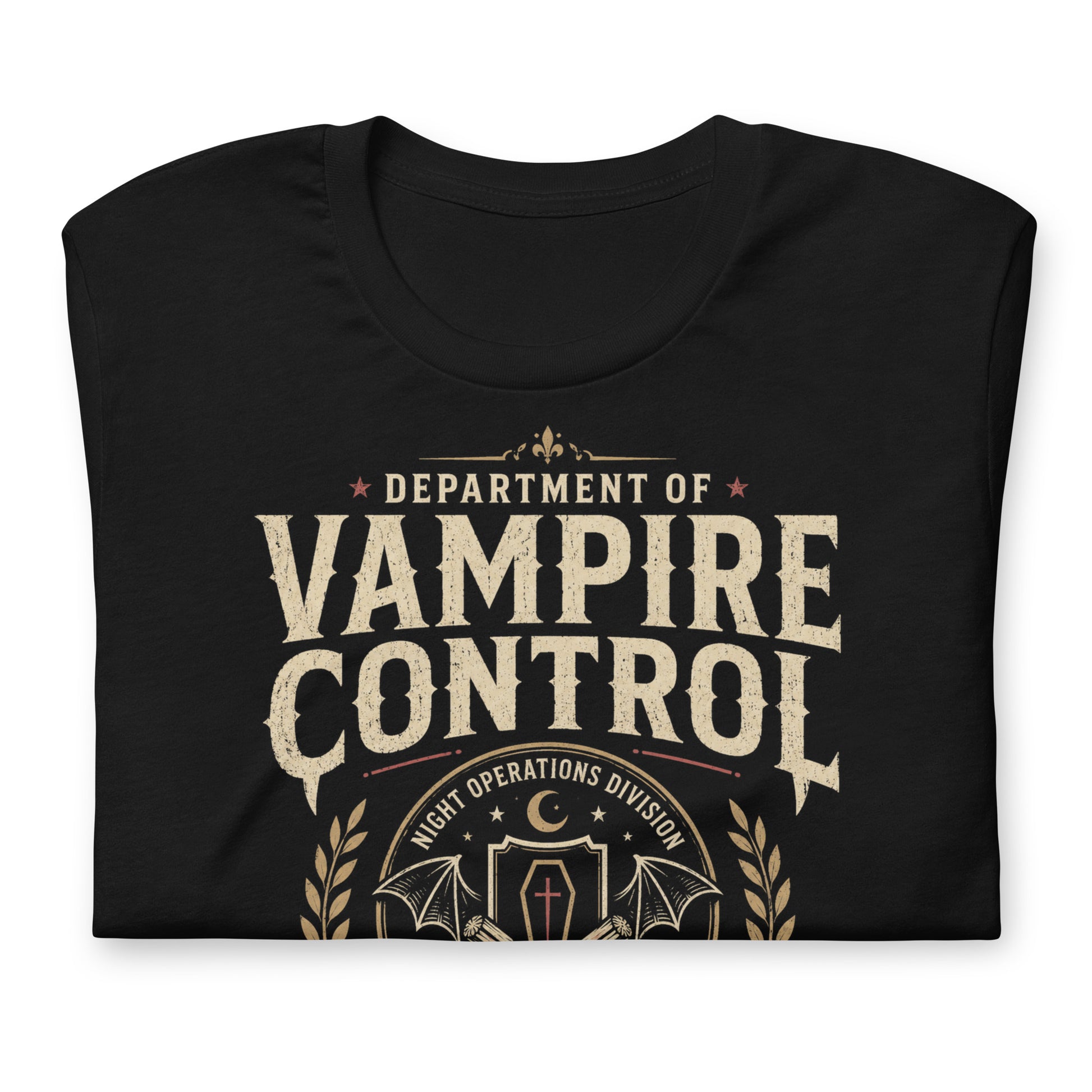 Close-up of Department of Vampire Control t-shirt design with official field unit banner, vampire fangs, and nocturnal threat response text