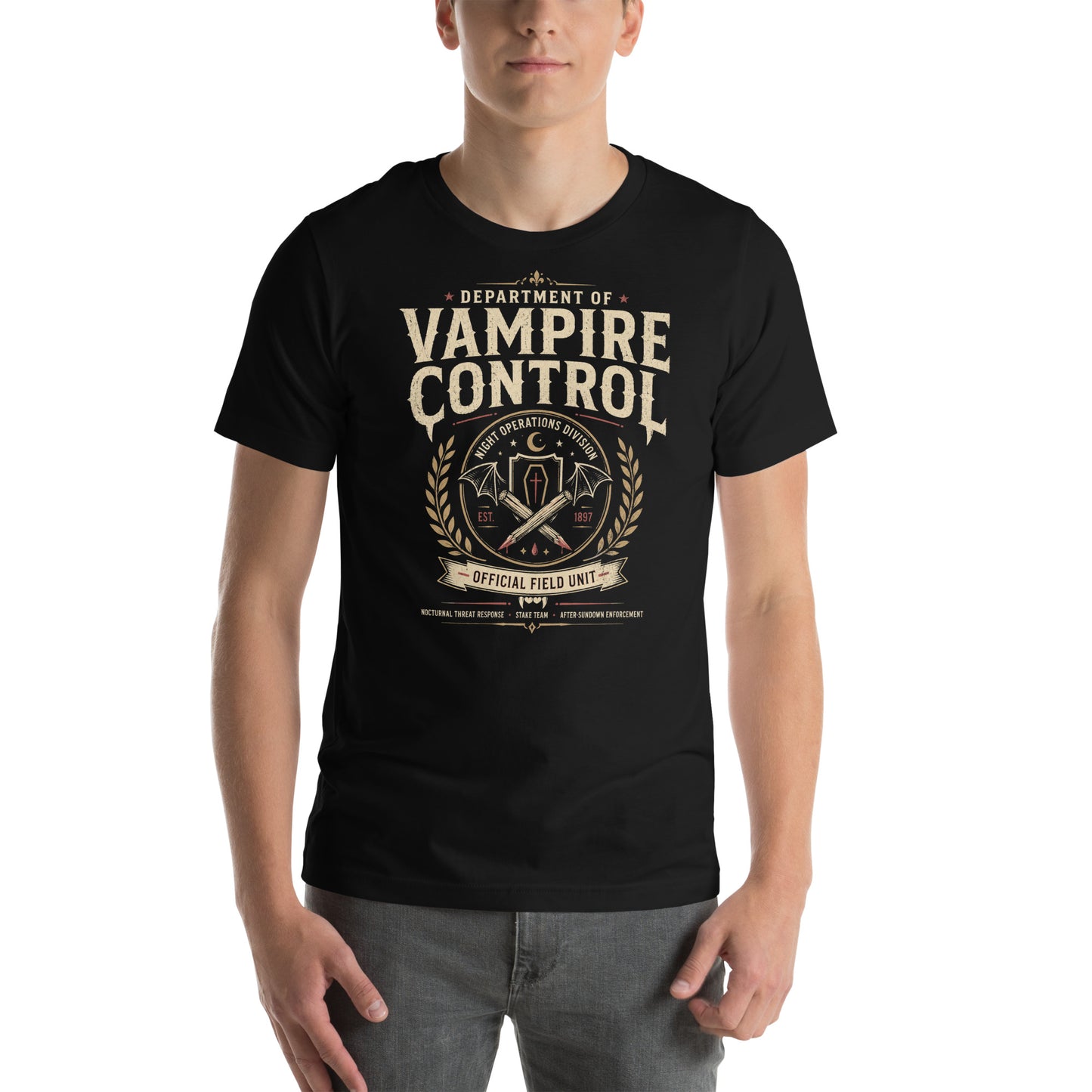 Retro vampire hunter t-shirt featuring crossed wooden stakes, bat wings, coffin symbol, fangs, and night operations division details