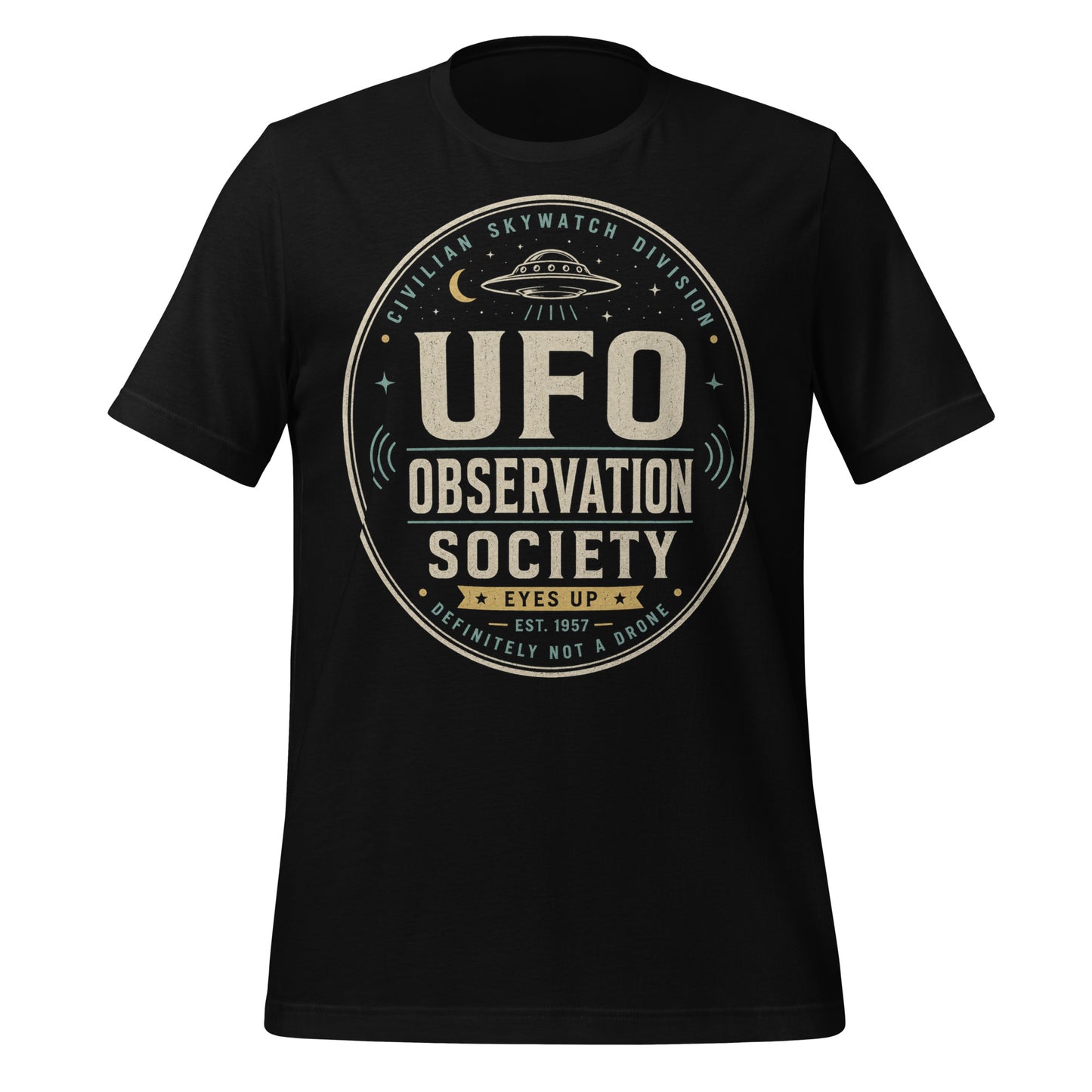 UFO Observation Society t-shirt design with vintage oval badge layout, flying saucer, moon, stars, and Civilian Skywatch Division text
