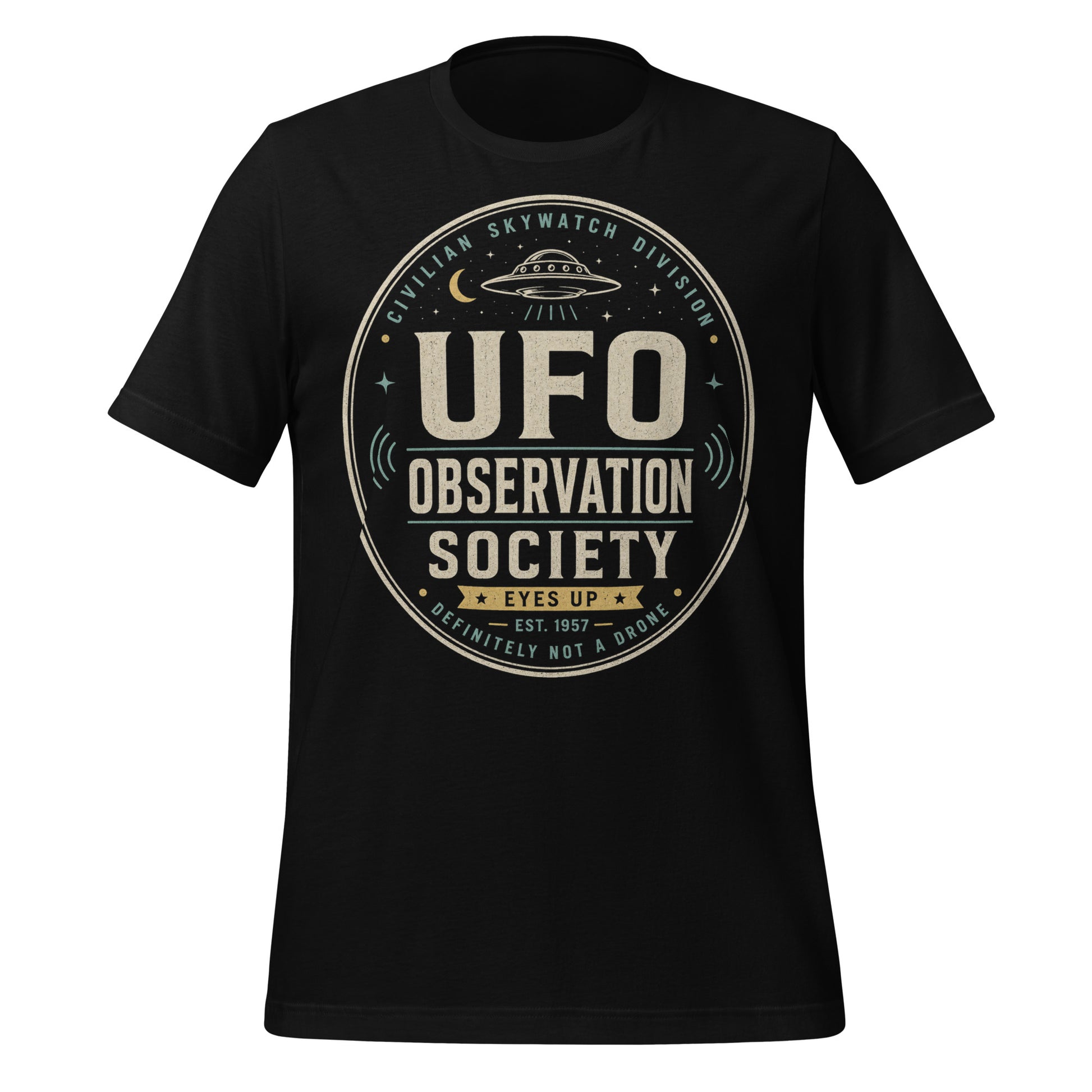 UFO Observation Society t-shirt design with vintage oval badge layout, flying saucer, moon, stars, and Civilian Skywatch Division text