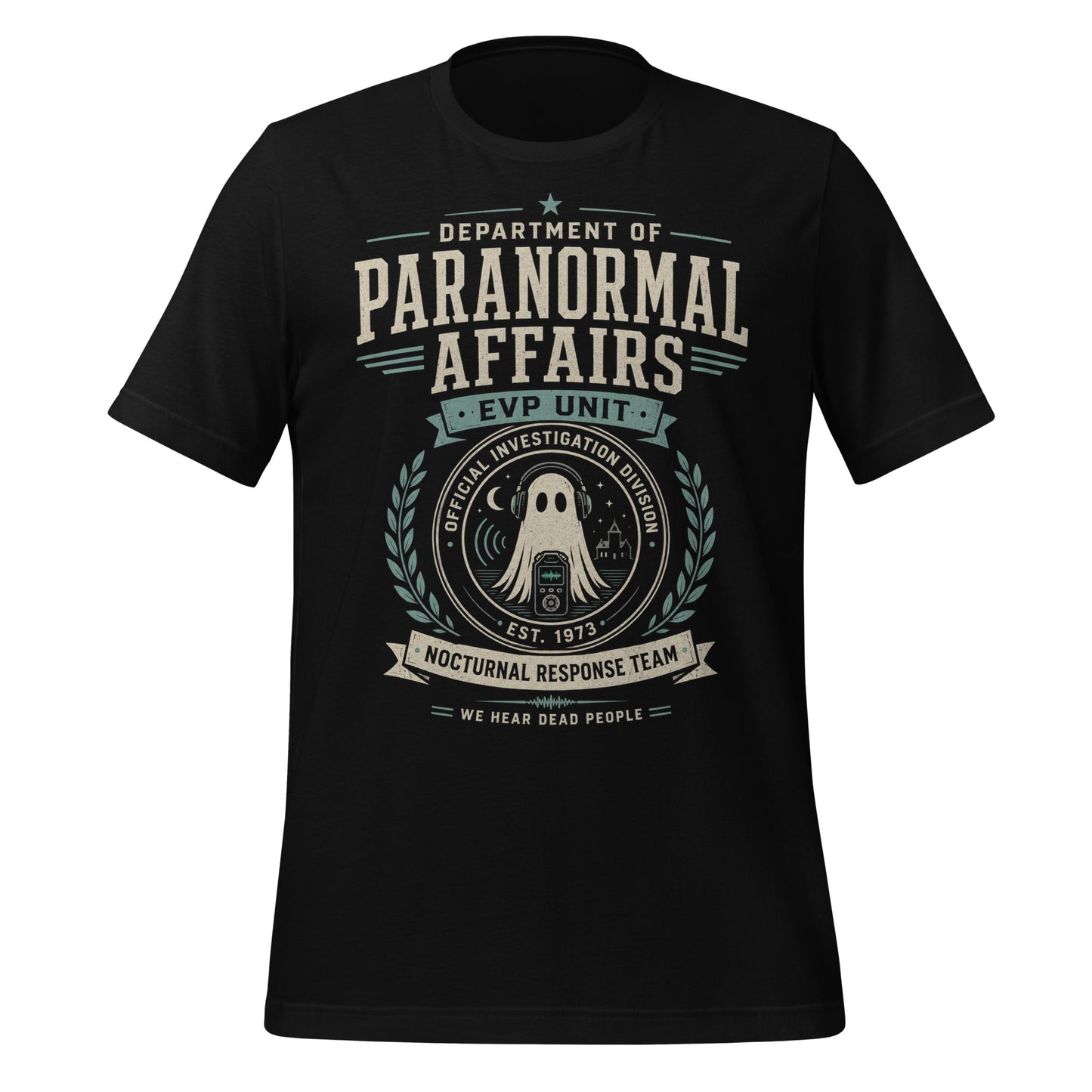 Black graphic tee with Department of Paranormal Affairs paranormal investigation design by Cinderpoint Studios