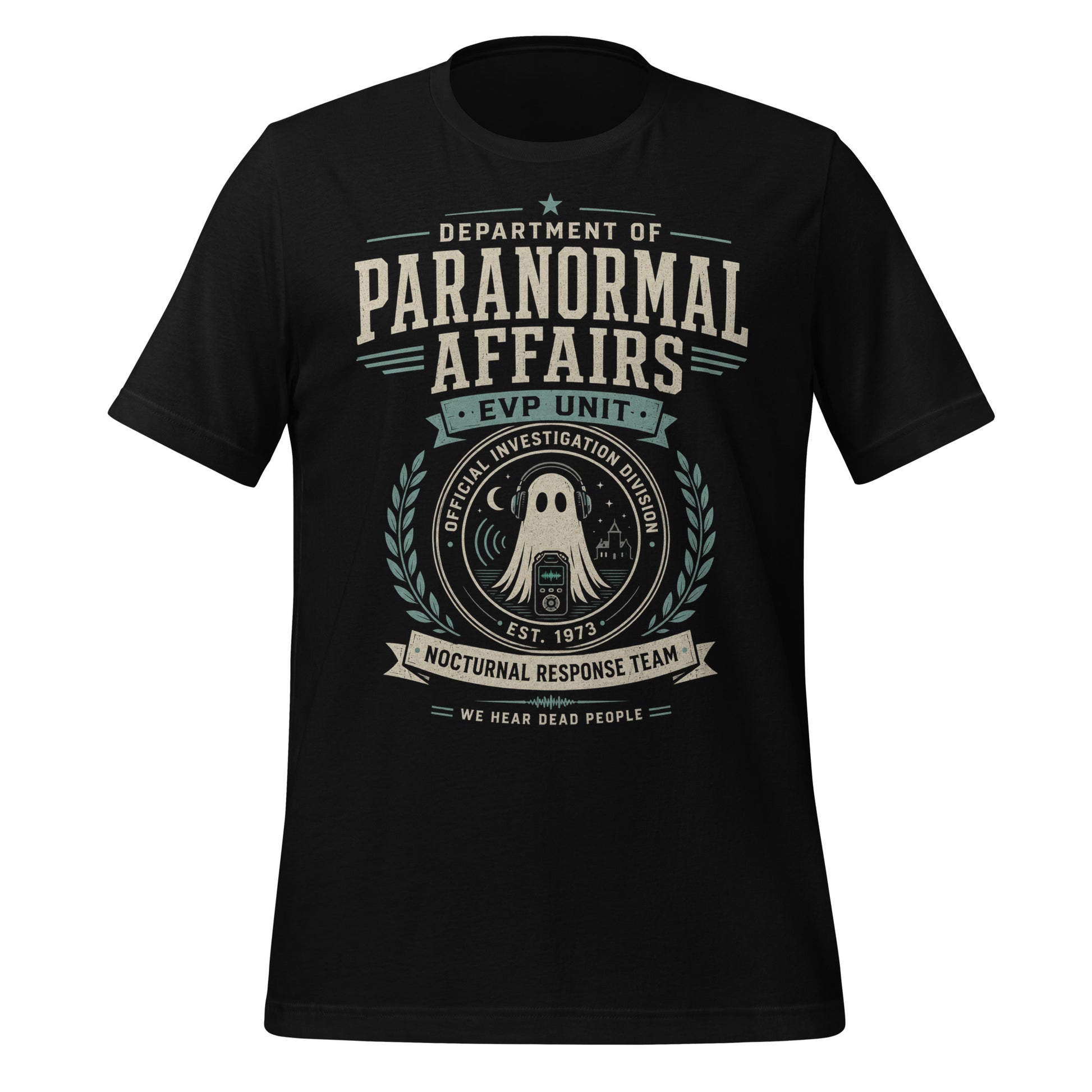 Black graphic tee with Department of Paranormal Affairs paranormal investigation design by Cinderpoint Studios