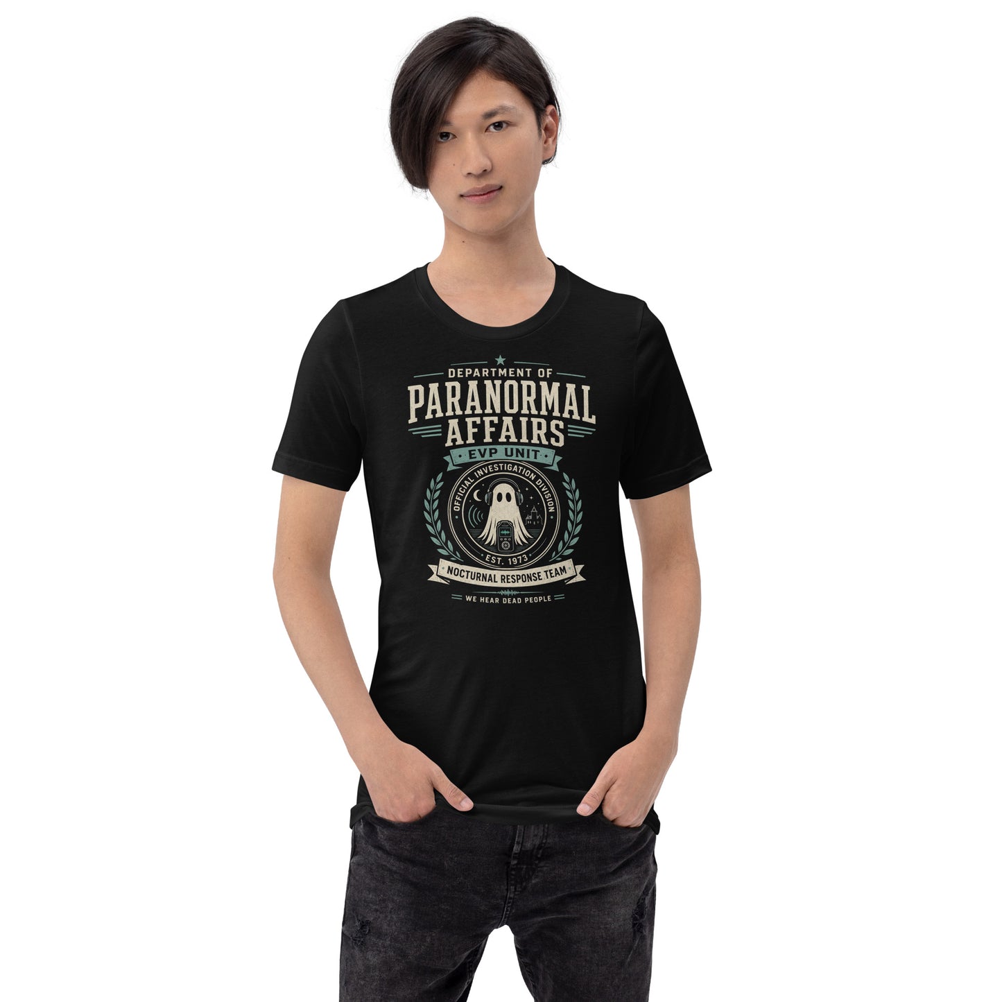 Male lifestyle mockup wearing black Department of Paranormal Affairs t-shirt with EVP ghost hunting graphic by Cinderpoint Studios