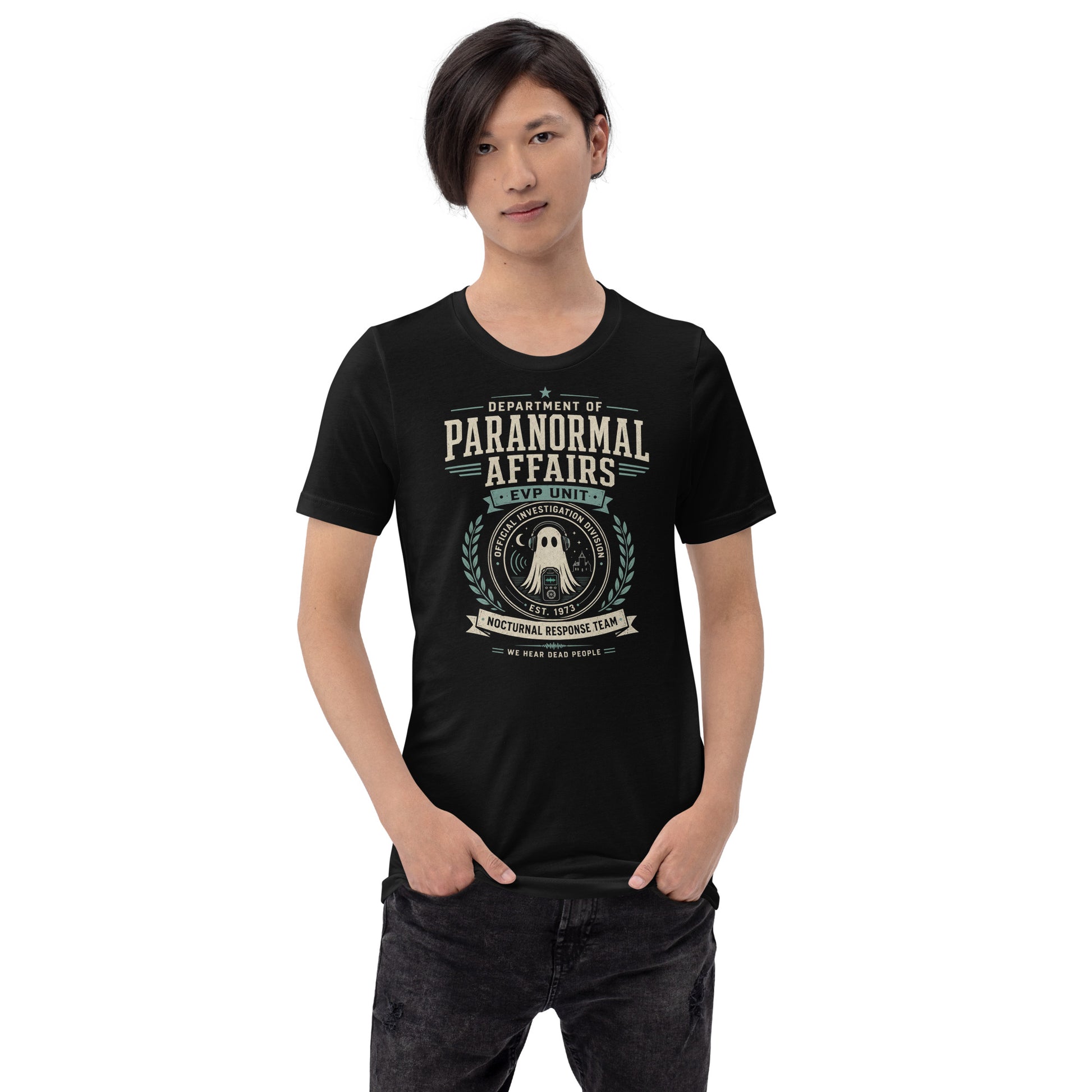 Male lifestyle mockup wearing black Department of Paranormal Affairs t-shirt with EVP ghost hunting graphic by Cinderpoint Studios