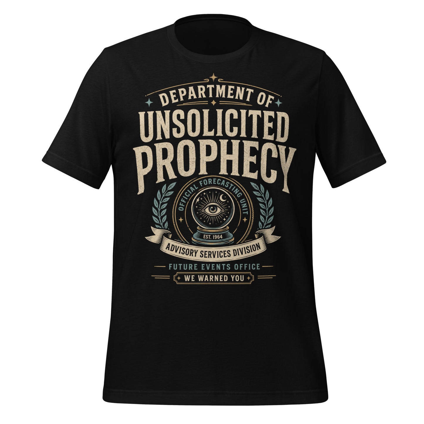 Black graphic tee with Department of Unsolicited Prophecy occult forecasting design by Cinderpoint Studios