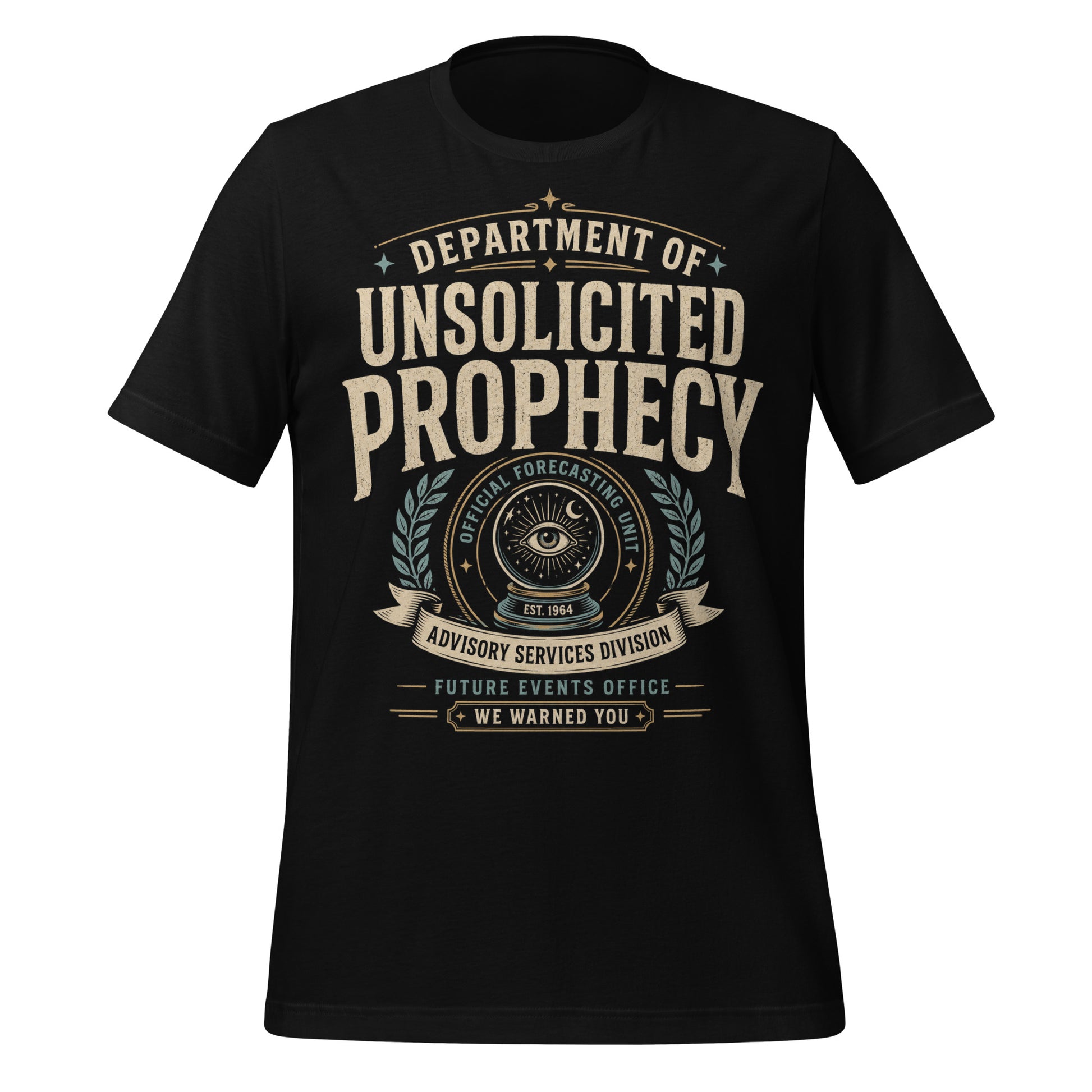 Black graphic tee with Department of Unsolicited Prophecy occult forecasting design by Cinderpoint Studios