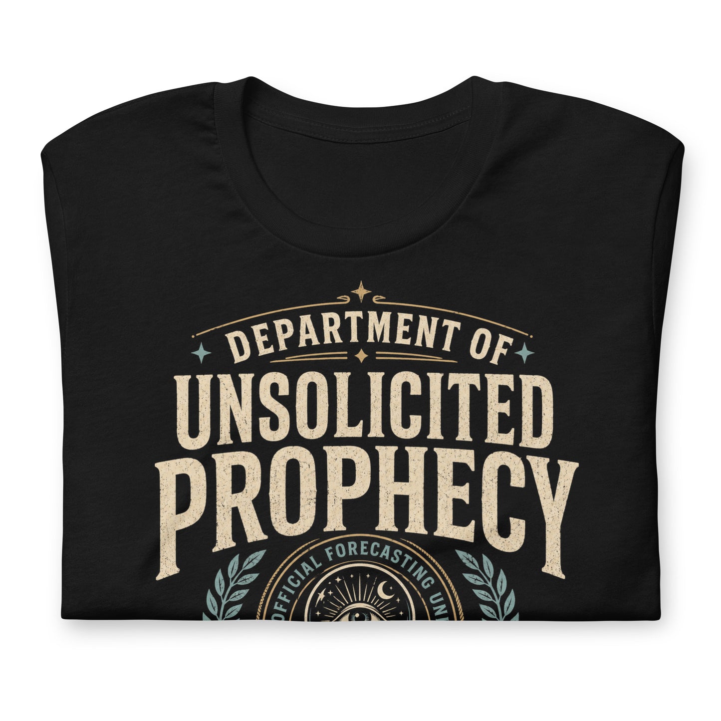 Close-up of Department of Unsolicited Prophecy t-shirt design with future events office text and crystal ball prophecy emblem