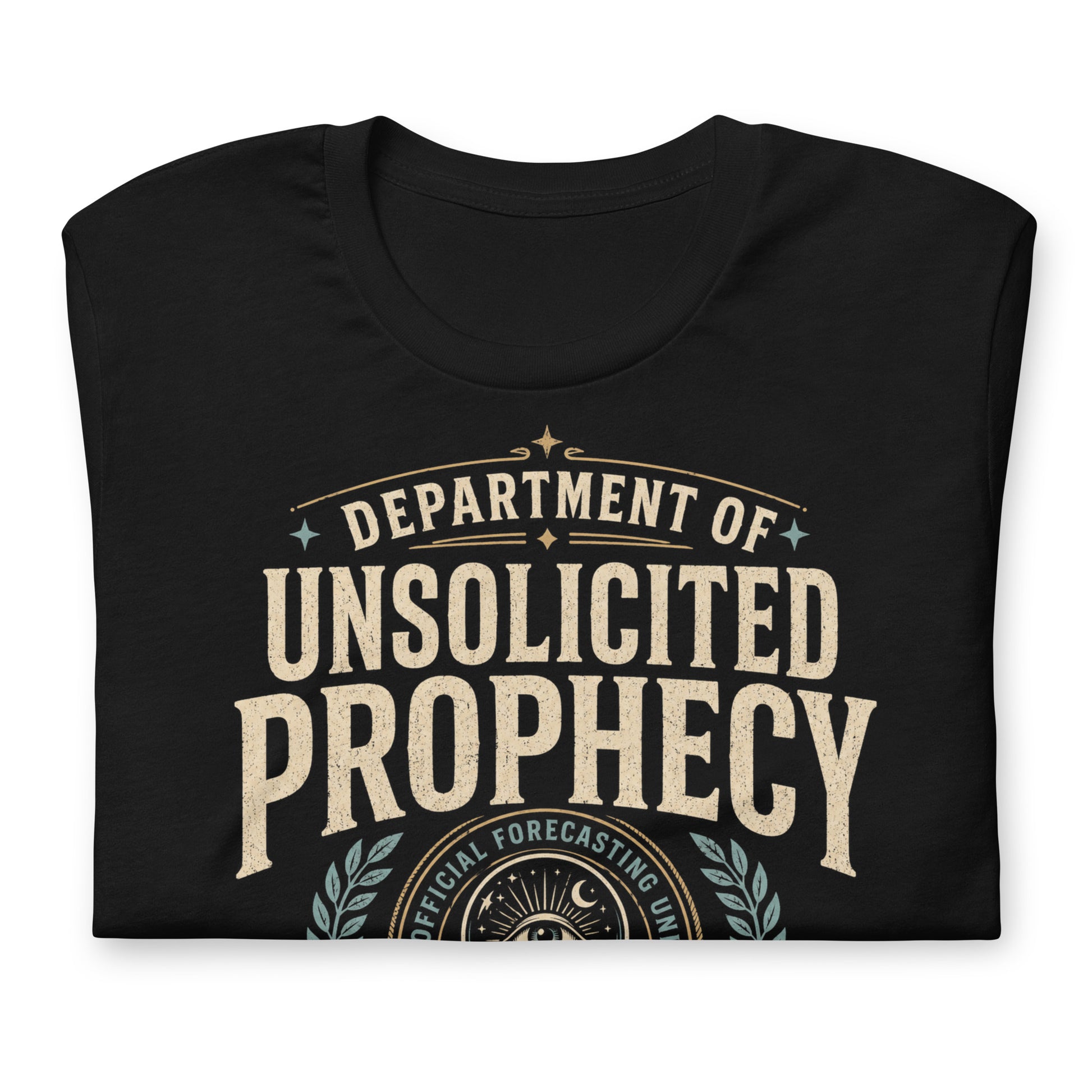 Close-up of Department of Unsolicited Prophecy t-shirt design with future events office text and crystal ball prophecy emblem