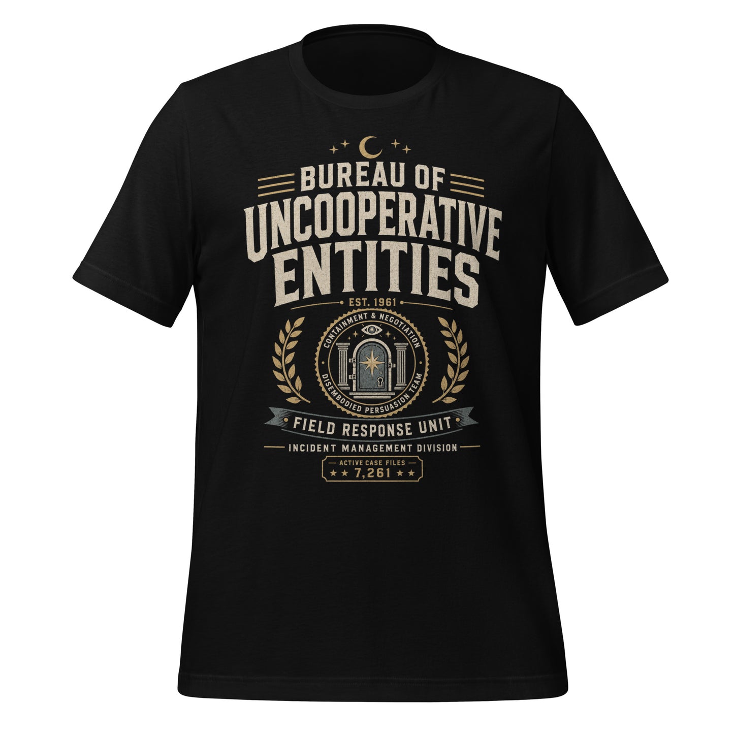 Retro occult t-shirt featuring Bureau of Uncooperative Entities text, containment and negotiation seal, and incident management division details