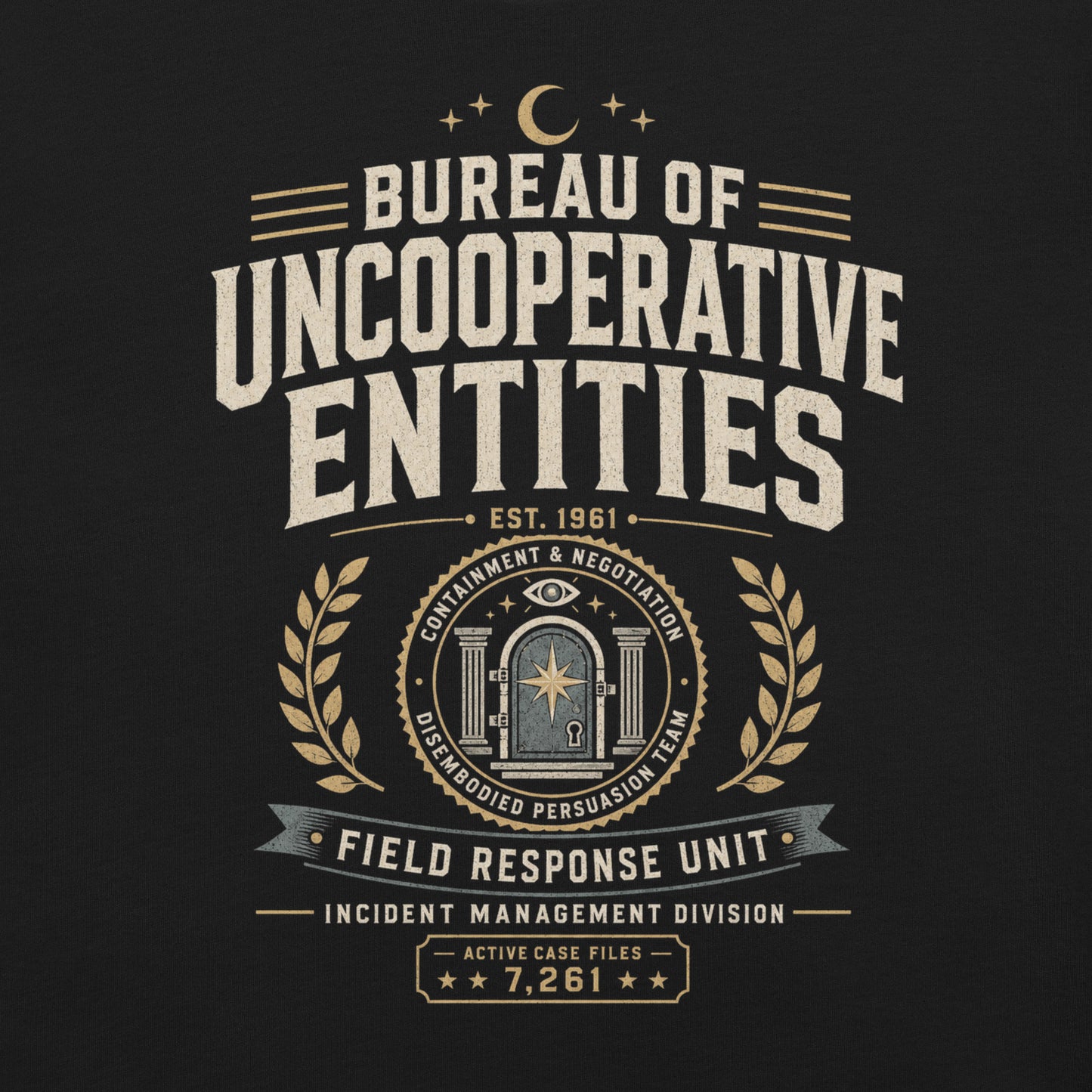 Close-up of Bureau of Uncooperative Entities t-shirt design with field response unit banner and active case files text