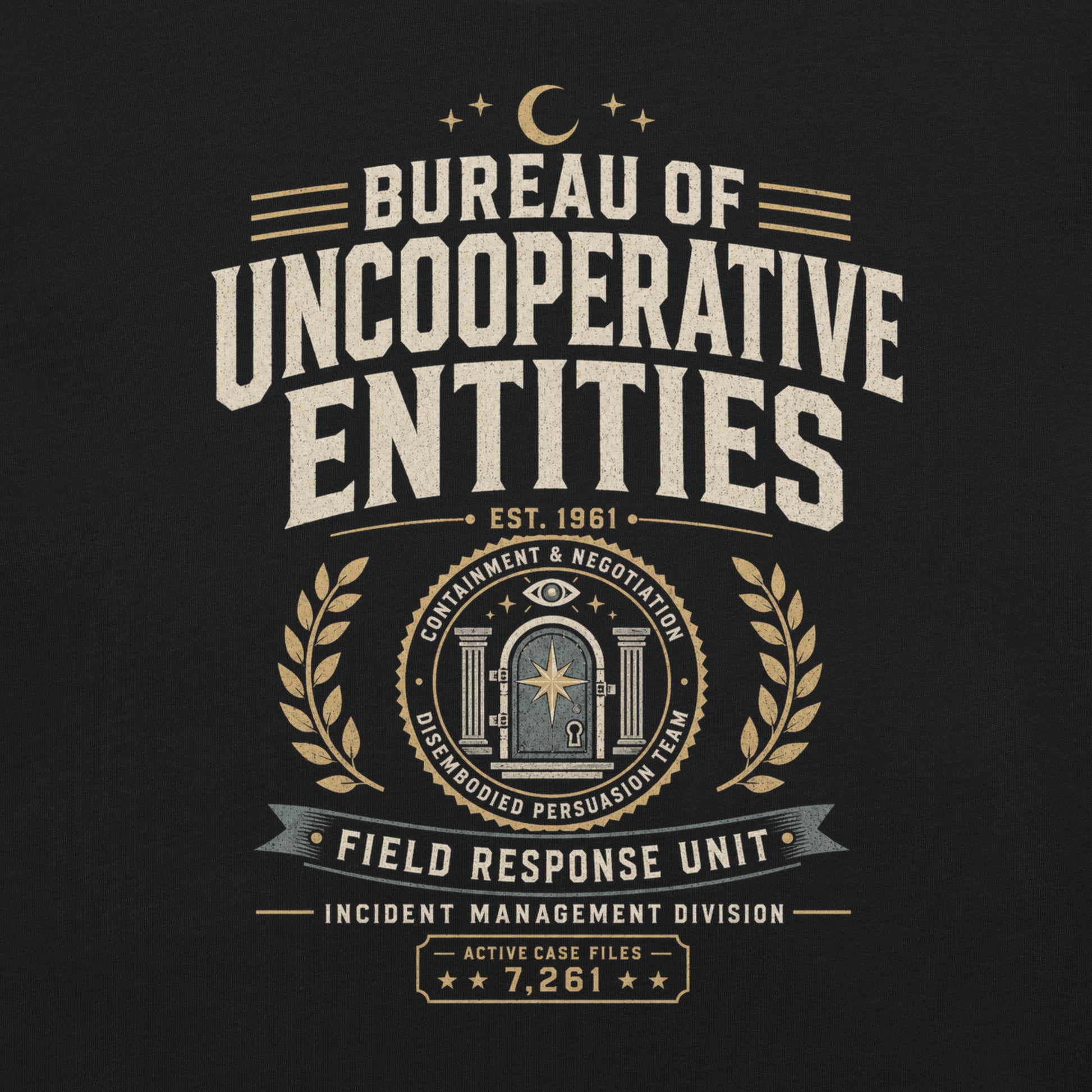 Close-up of Bureau of Uncooperative Entities t-shirt design with field response unit banner and active case files text