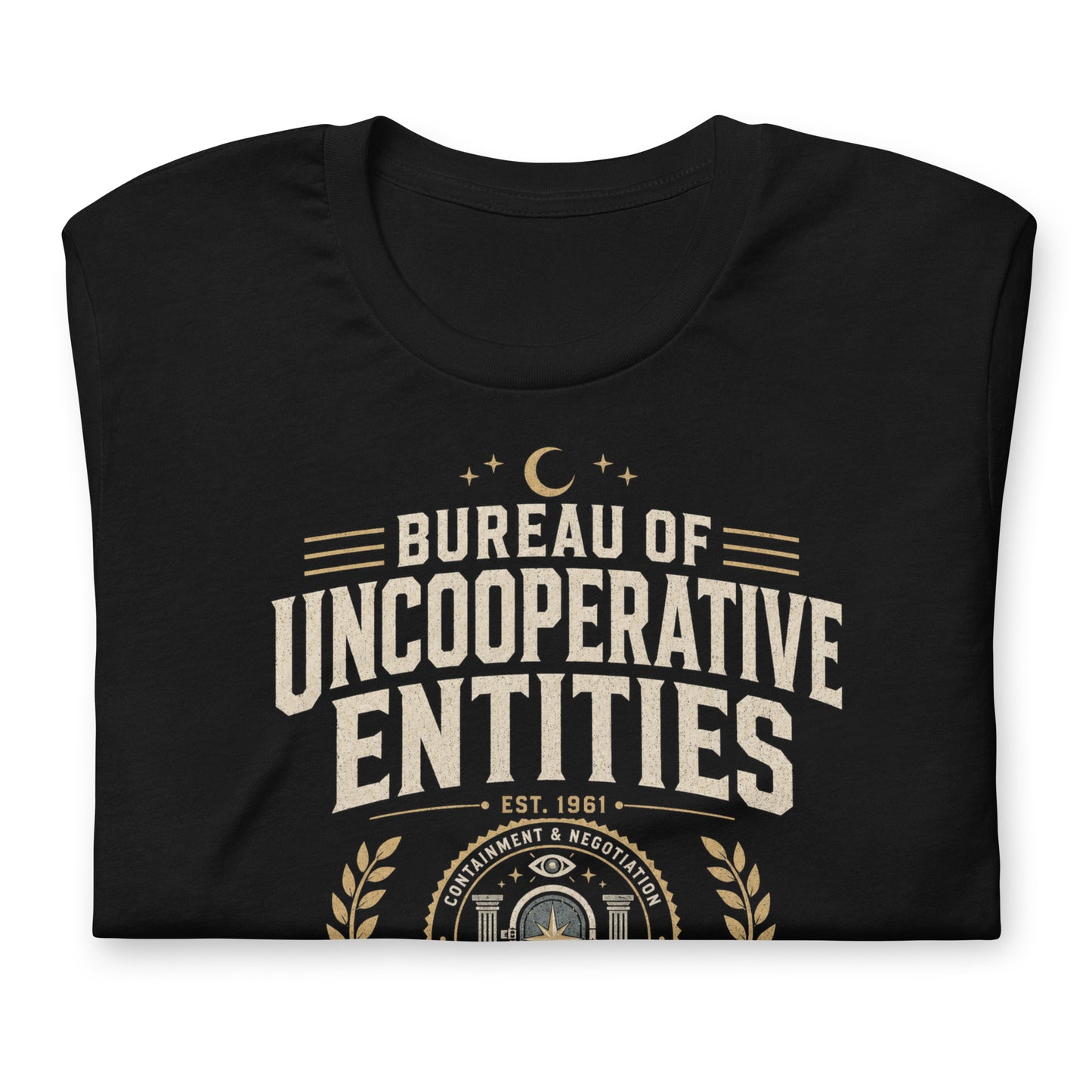 Close-up of Bureau of Uncooperative Entities t-shirt design with field response unit banner and active case files text