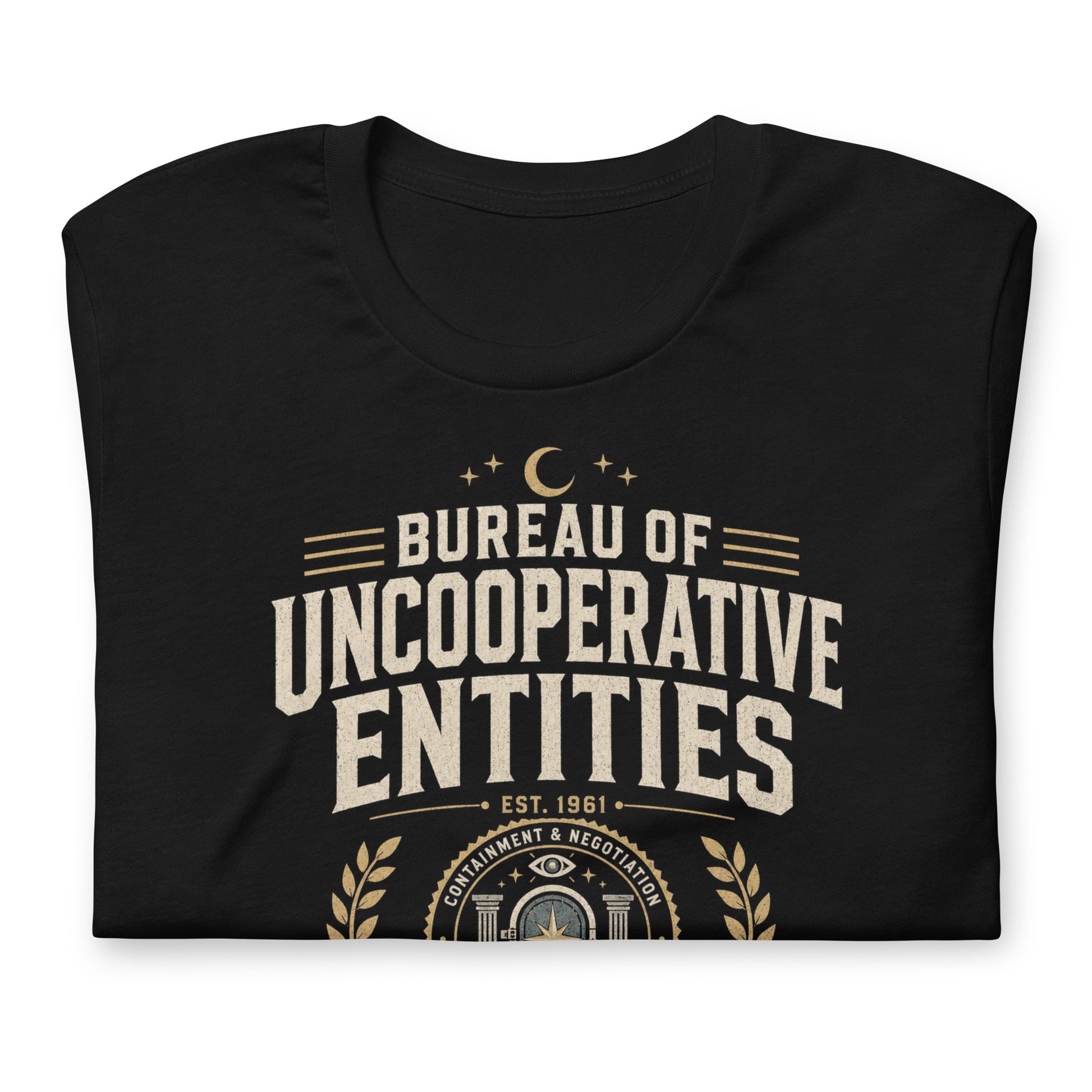 Close-up of Bureau of Uncooperative Entities t-shirt design with field response unit banner and active case files text