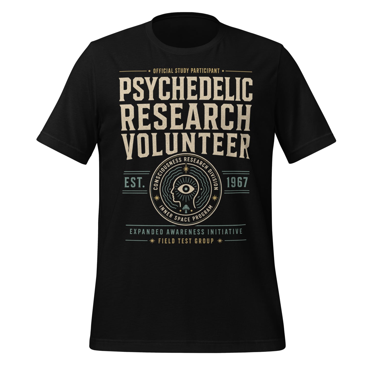 Retro psychedelic t-shirt featuring Psychedelic Research Volunteer text, consciousness research seal, expanded awareness initiative, and field test group details