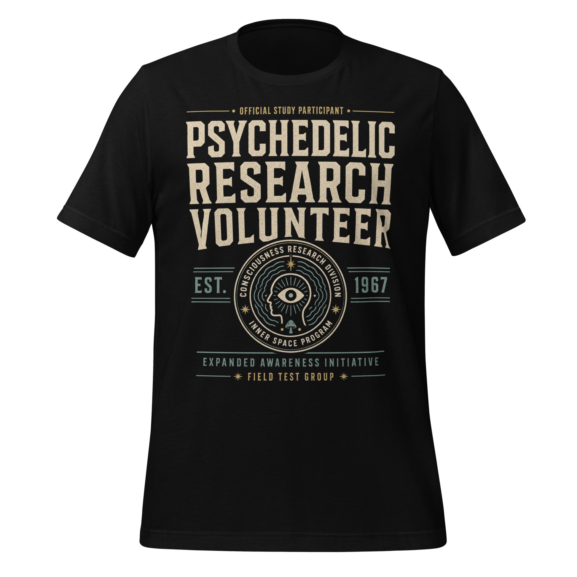 Retro psychedelic t-shirt featuring Psychedelic Research Volunteer text, consciousness research seal, expanded awareness initiative, and field test group details