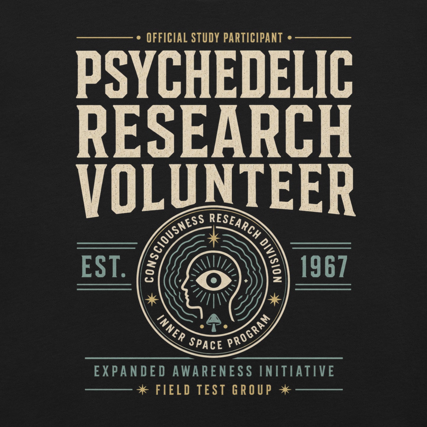 Close-up of Psychedelic Research Volunteer t-shirt design with inner space program emblem and consciousness research division text