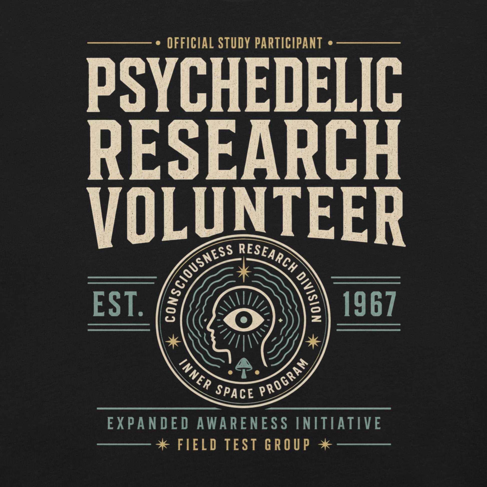 Close-up of Psychedelic Research Volunteer t-shirt design with inner space program emblem and consciousness research division text