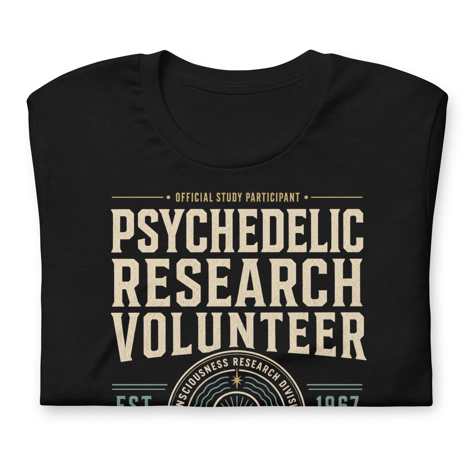 Close-up of Psychedelic Research Volunteer t-shirt design with inner space program emblem and consciousness research division text