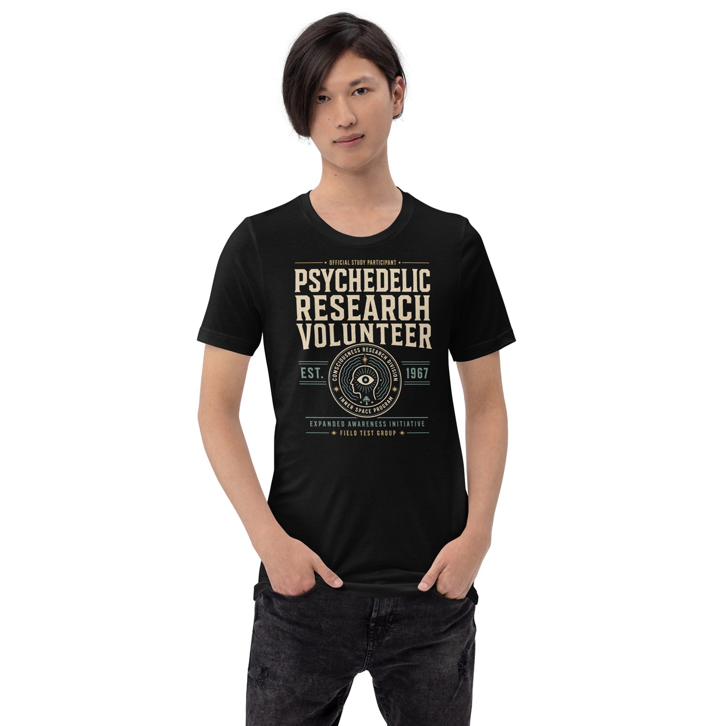 Black graphic tee with Psychedelic Research Volunteer retro study-program design by Cinderpoint Studios