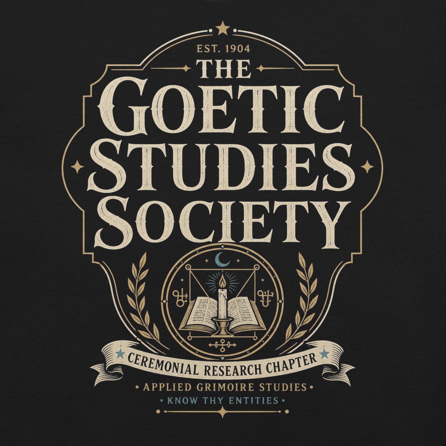 Close-up of The Goetic Studies Society t-shirt design with ceremonial research chapter banner and know thy entities text