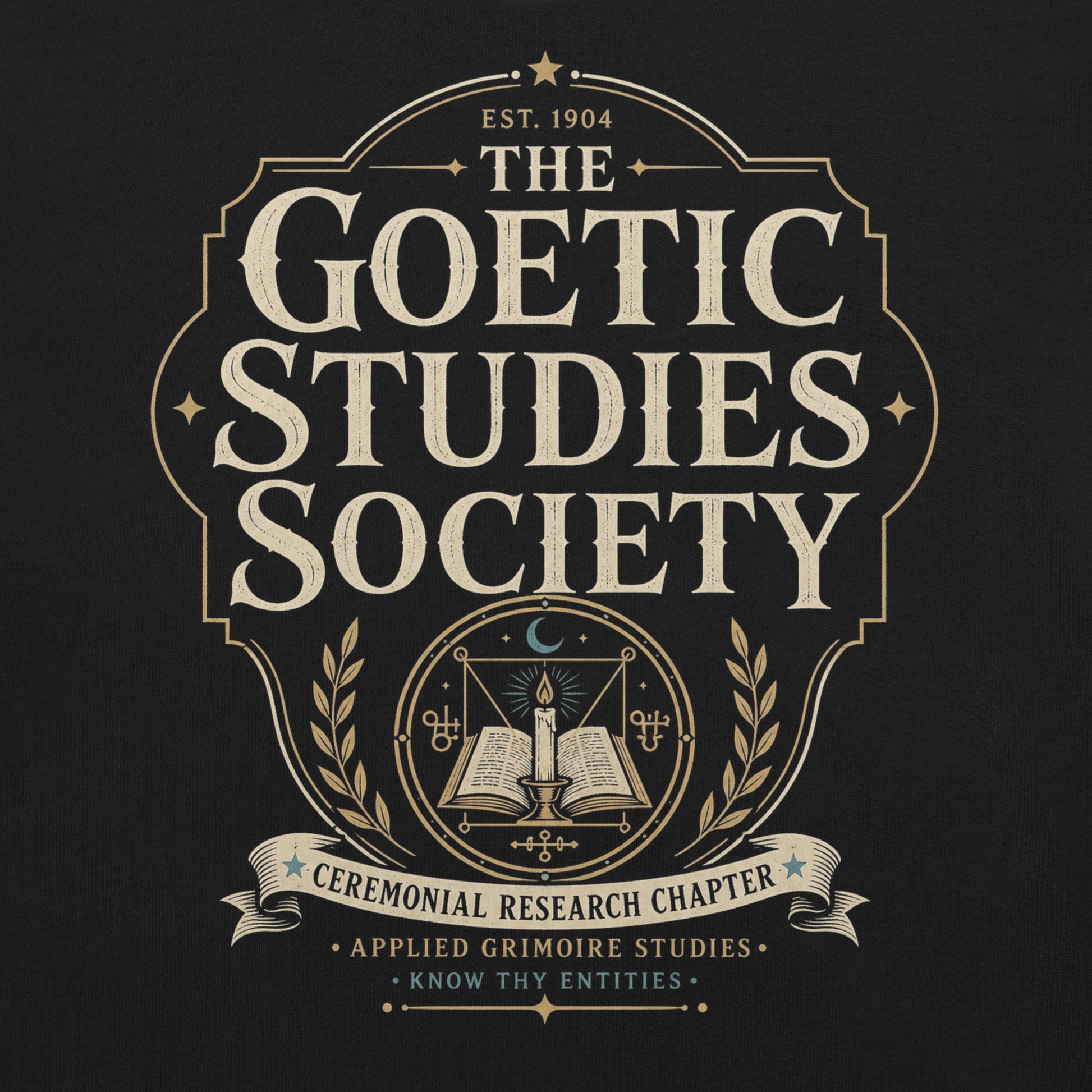 Close-up of The Goetic Studies Society t-shirt design with ceremonial research chapter banner and know thy entities text