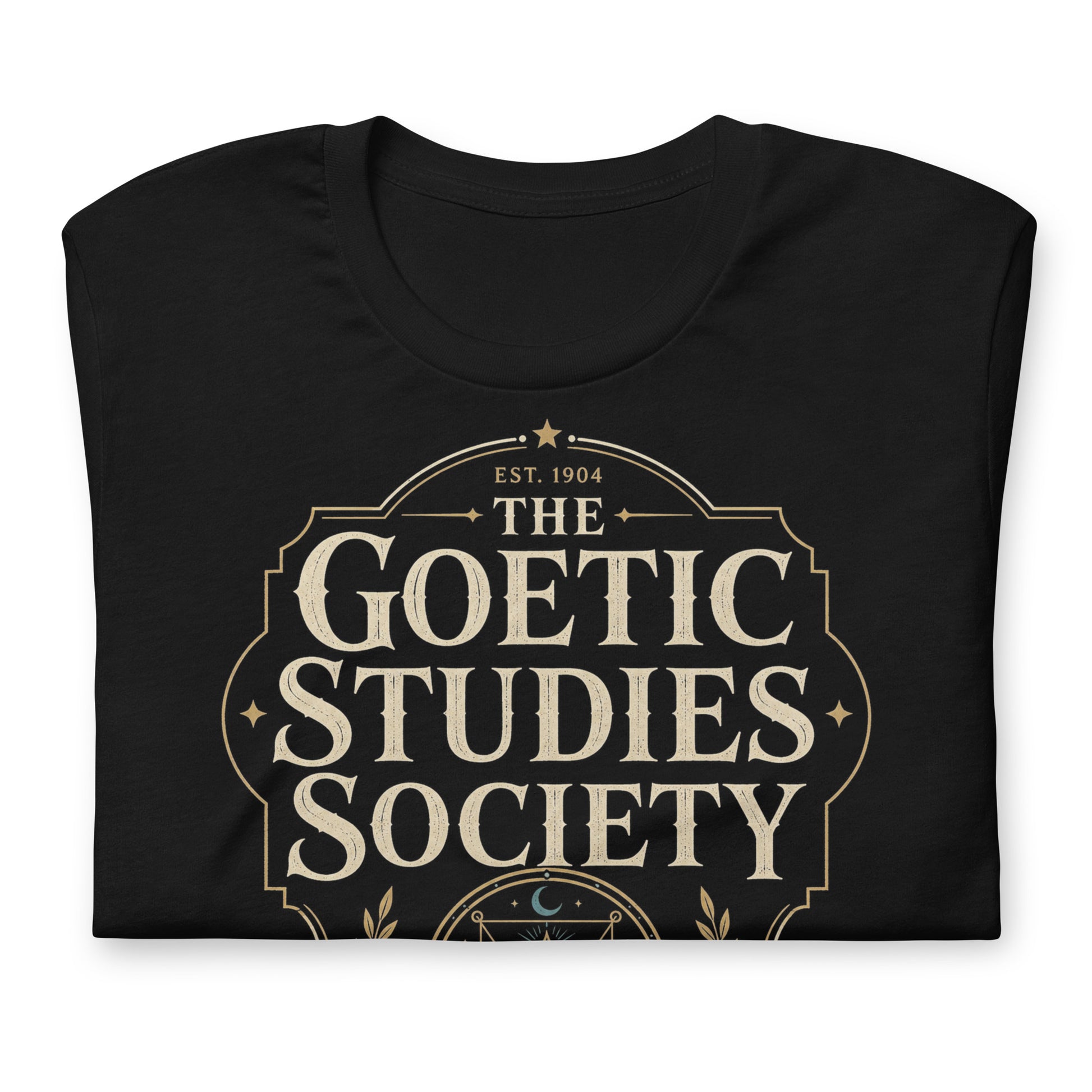 Close-up of The Goetic Studies Society t-shirt design with ceremonial research chapter banner and know thy entities text