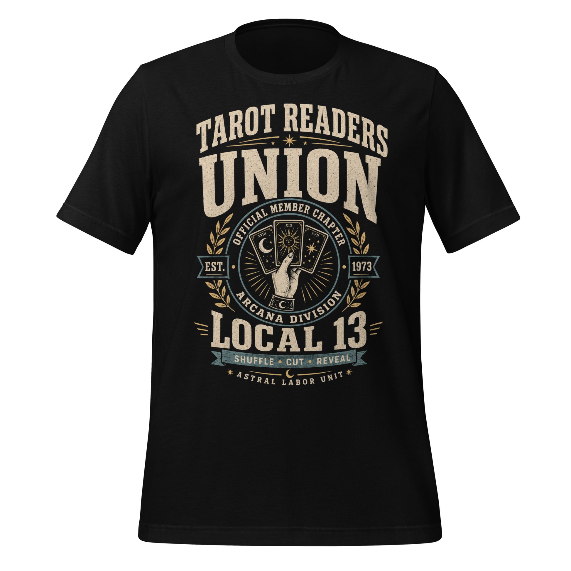 Retro tarot t-shirt featuring Tarot Readers Union text, tarot card hand graphic, Local 13 typography, and Shuffle Cut Reveal banner